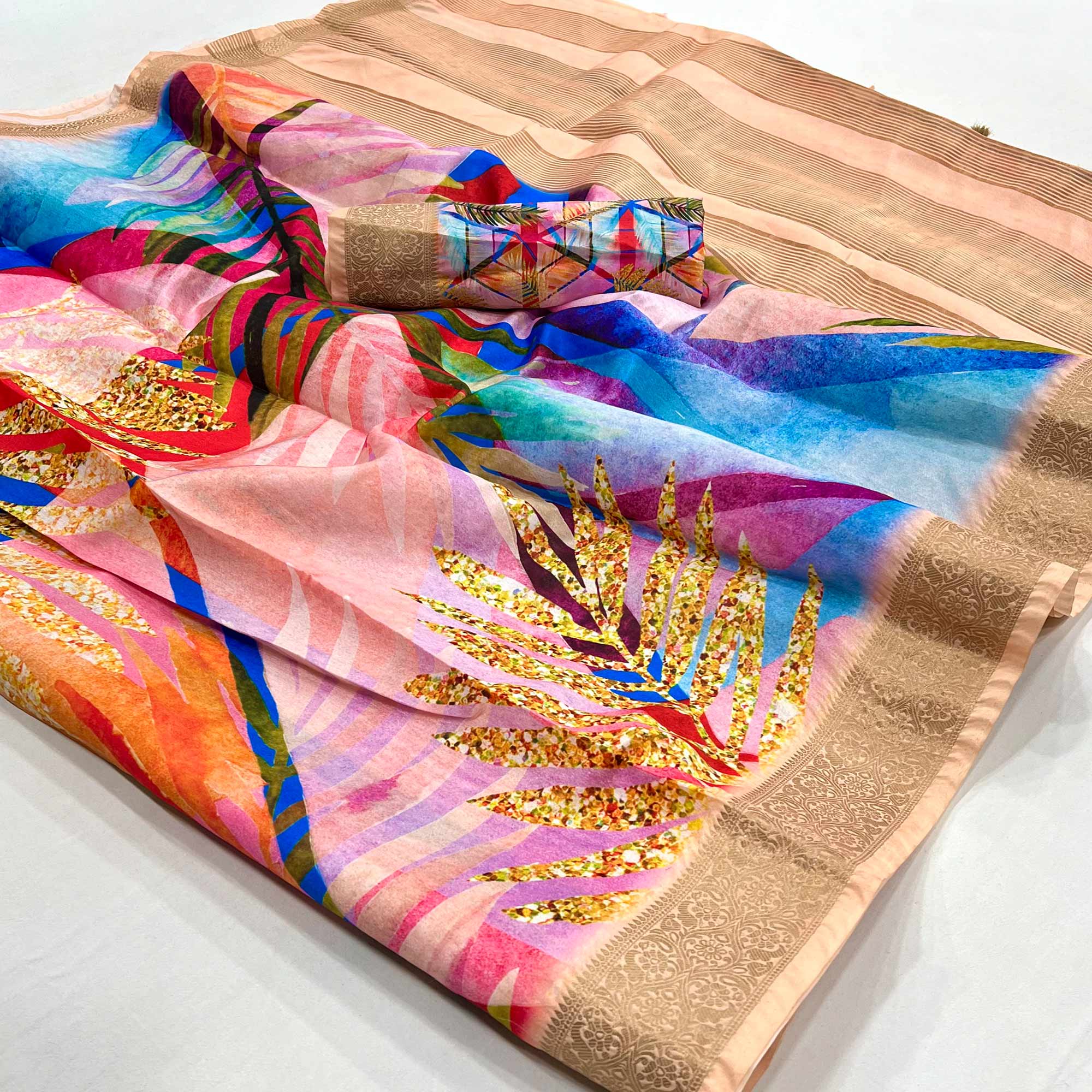 Peach Digital Printed Dola Silk Saree With Woven Border