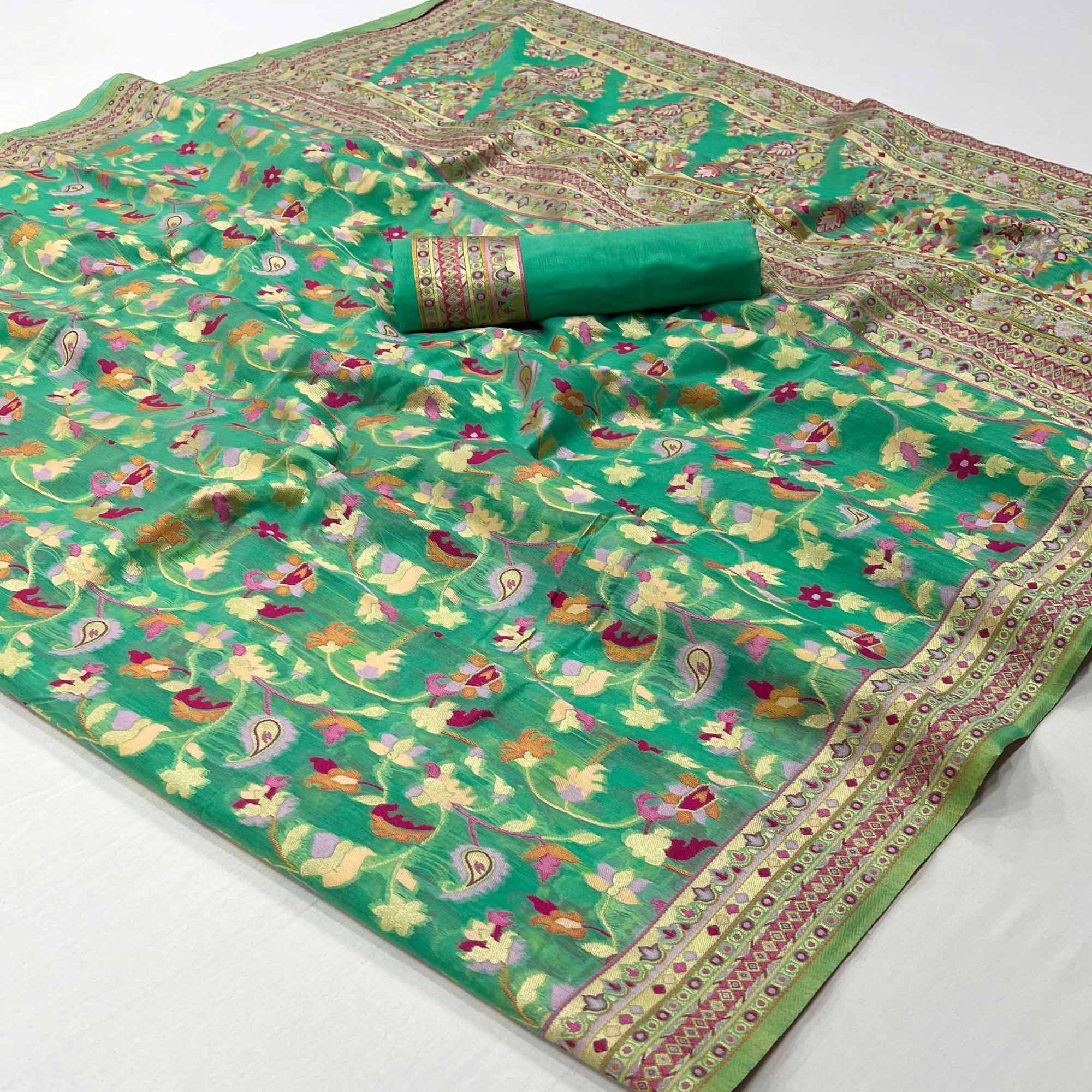 Rama Green Floral Woven Cotton Blend Saree