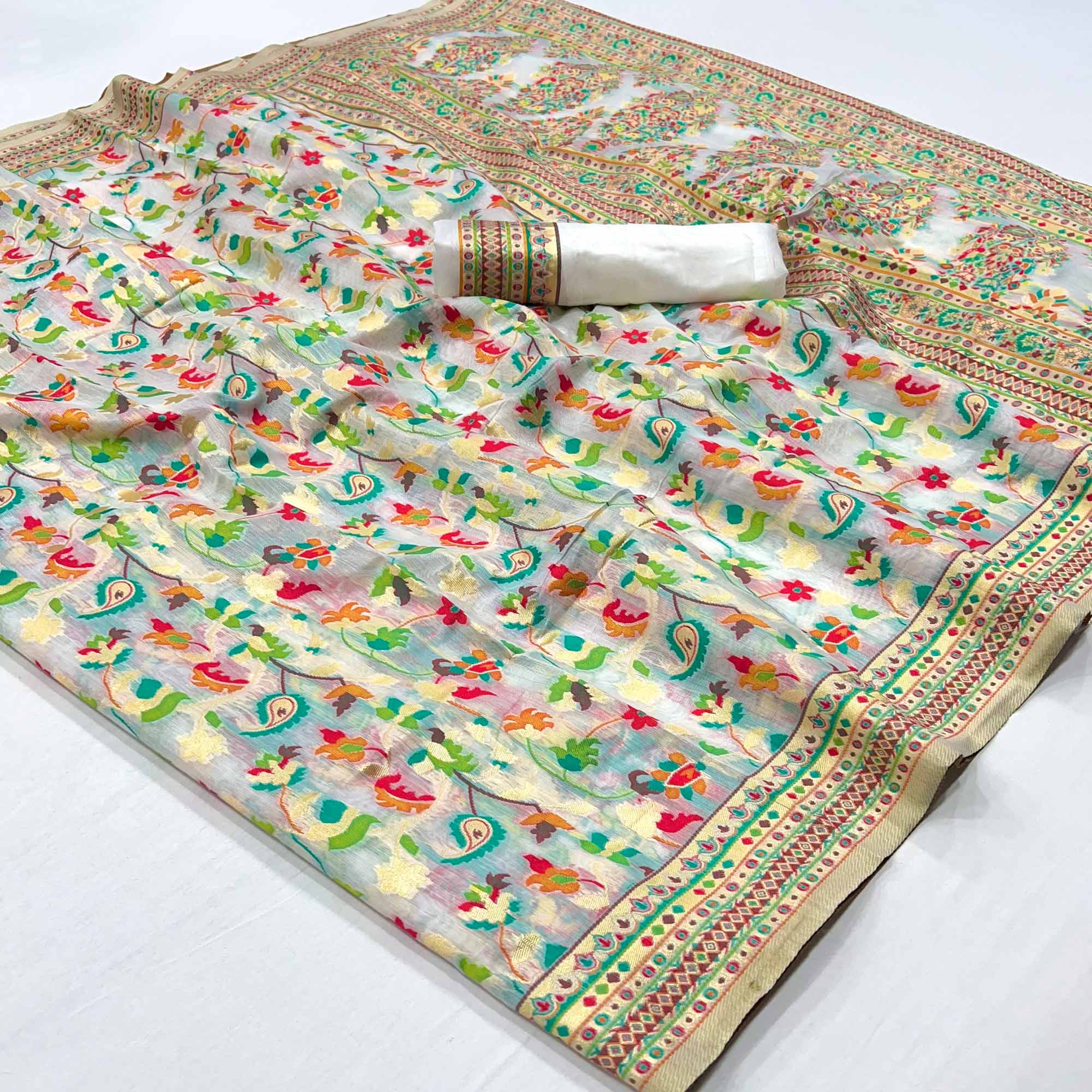 White Floral Woven Cotton Blend Saree