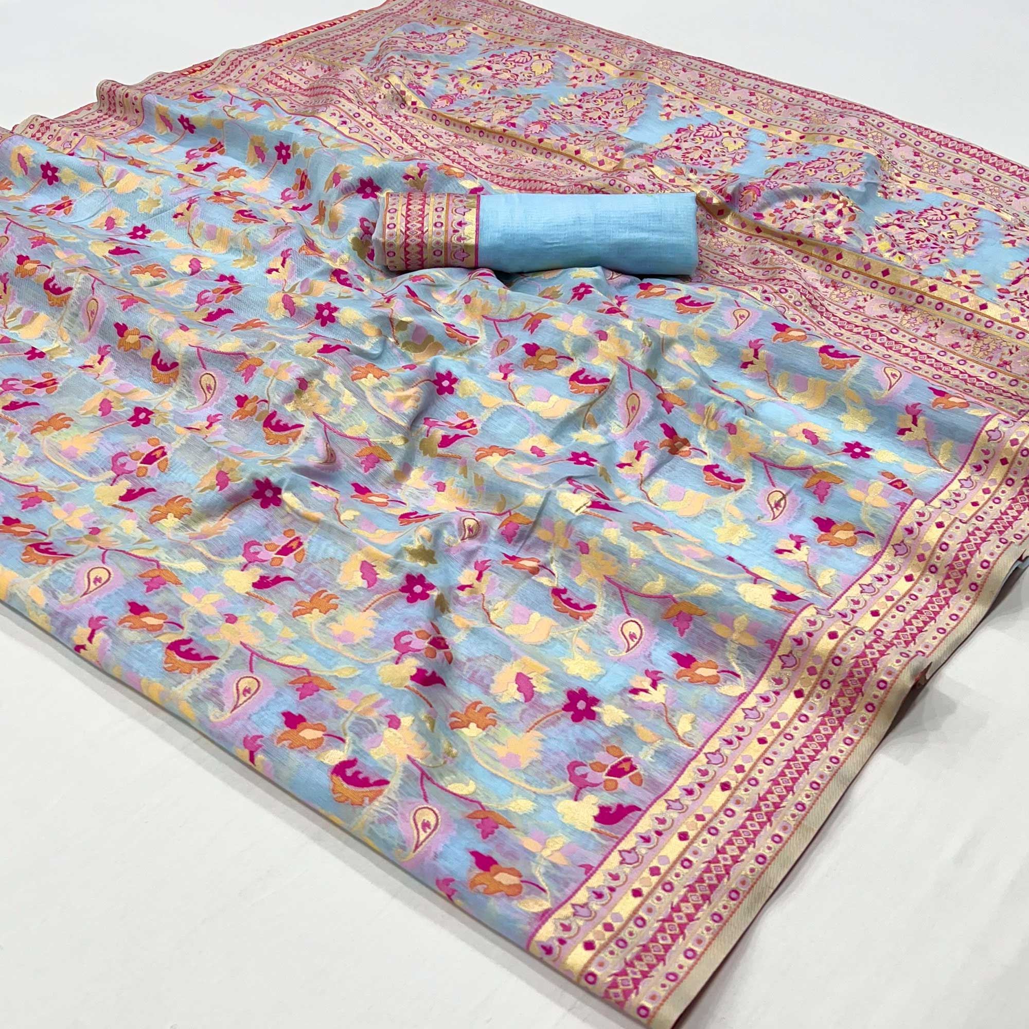 Sky Blue Floral Woven Cotton Blend Saree