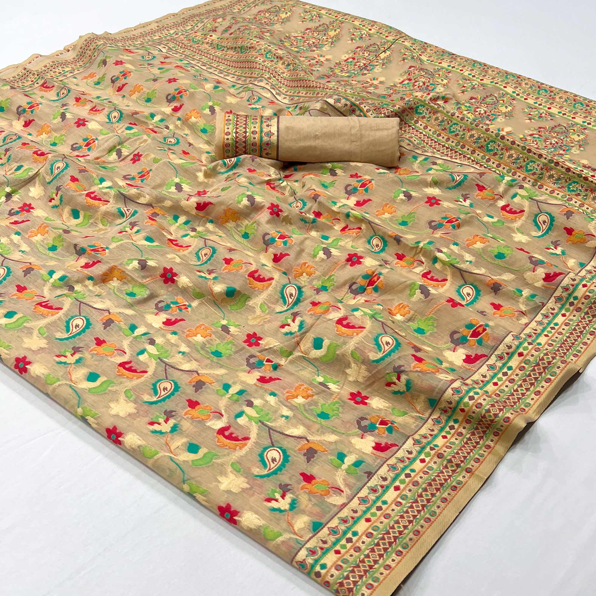 Chikoo Floral Woven Cotton Blend Saree