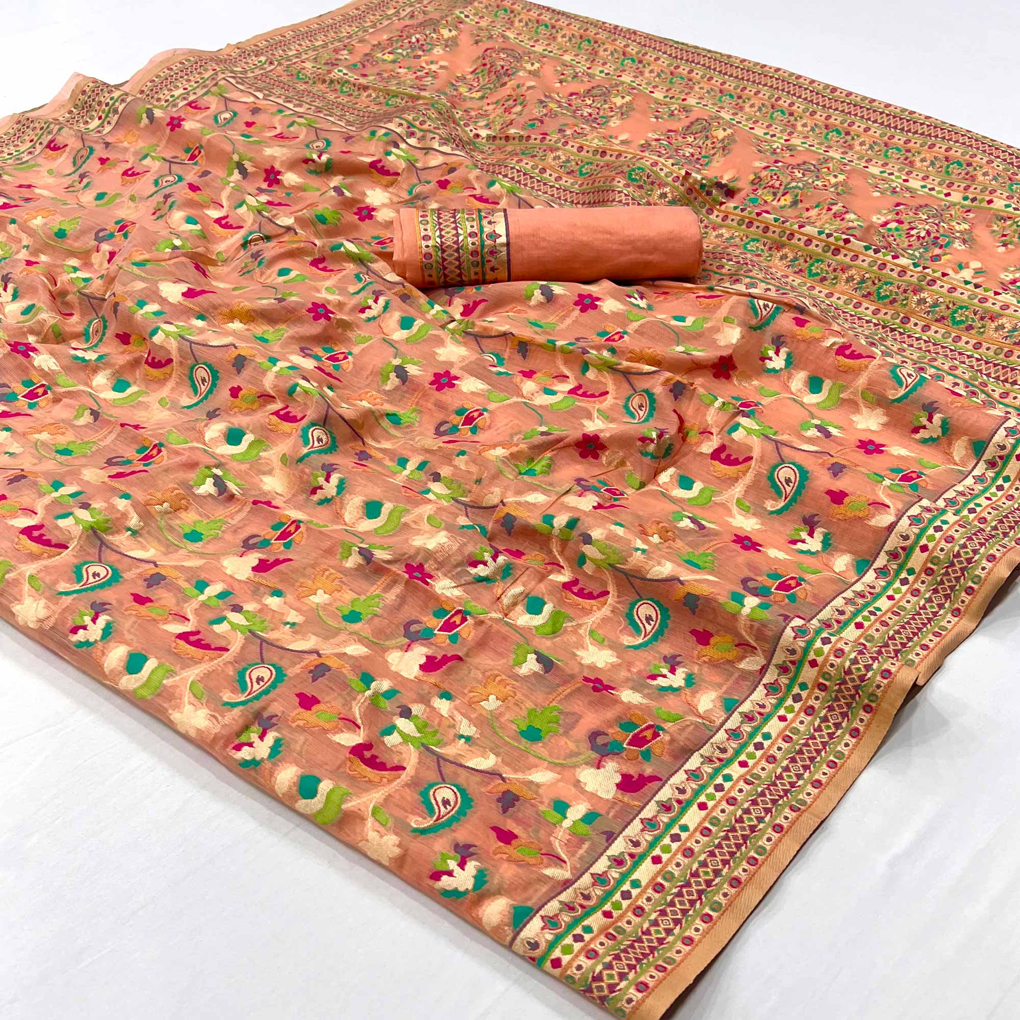 Peach Floral Woven Cotton Blend Saree