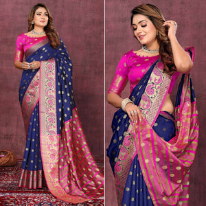 Navy Blue Flora Woven Art Silk Saree