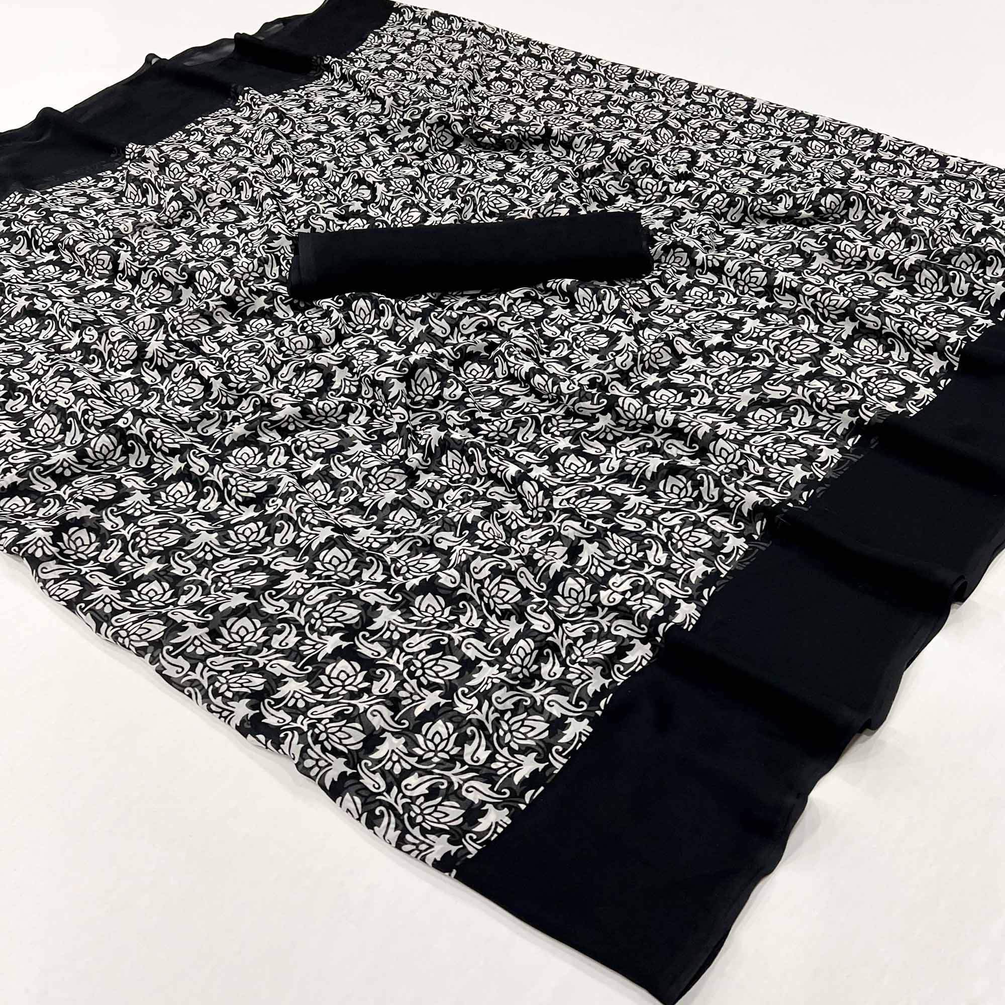 Black & White Floral Printed Georgette Saree