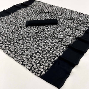 Black & White Floral Printed Georgette Saree