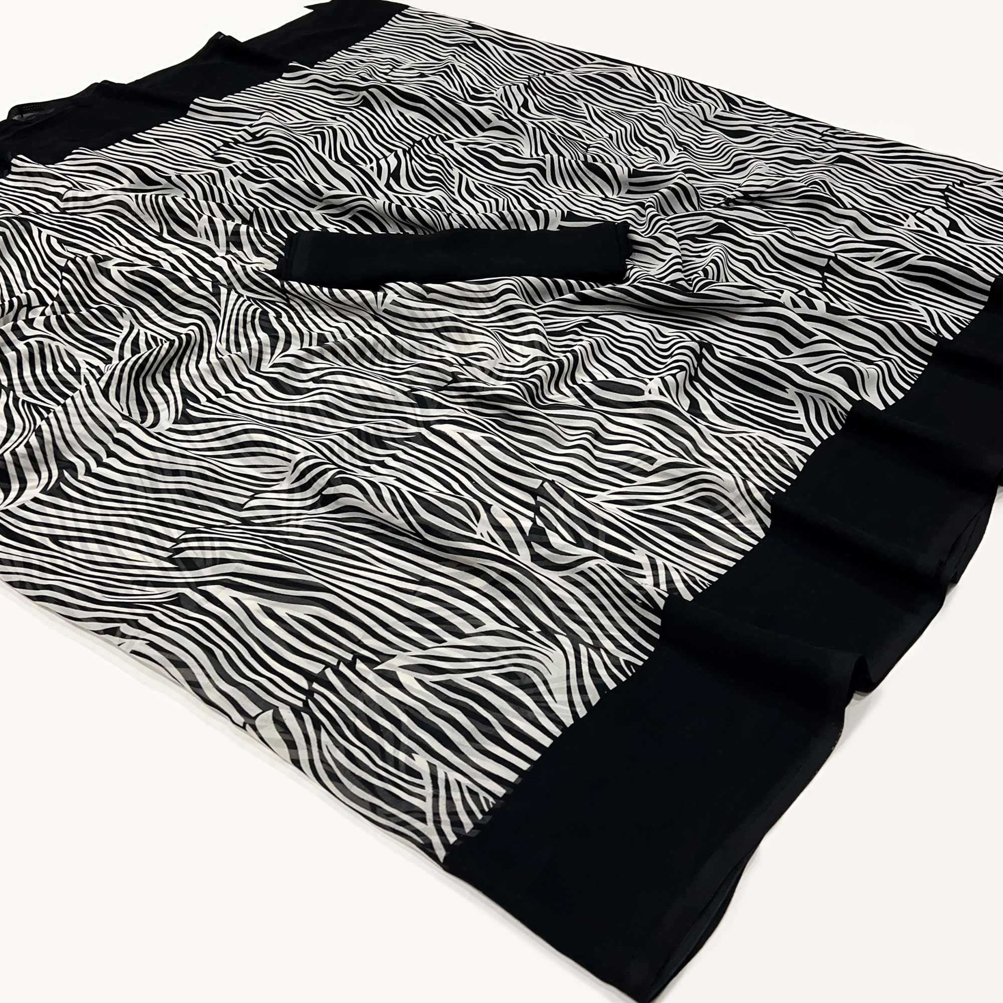 Black & White Striped Printed Georgette Saree