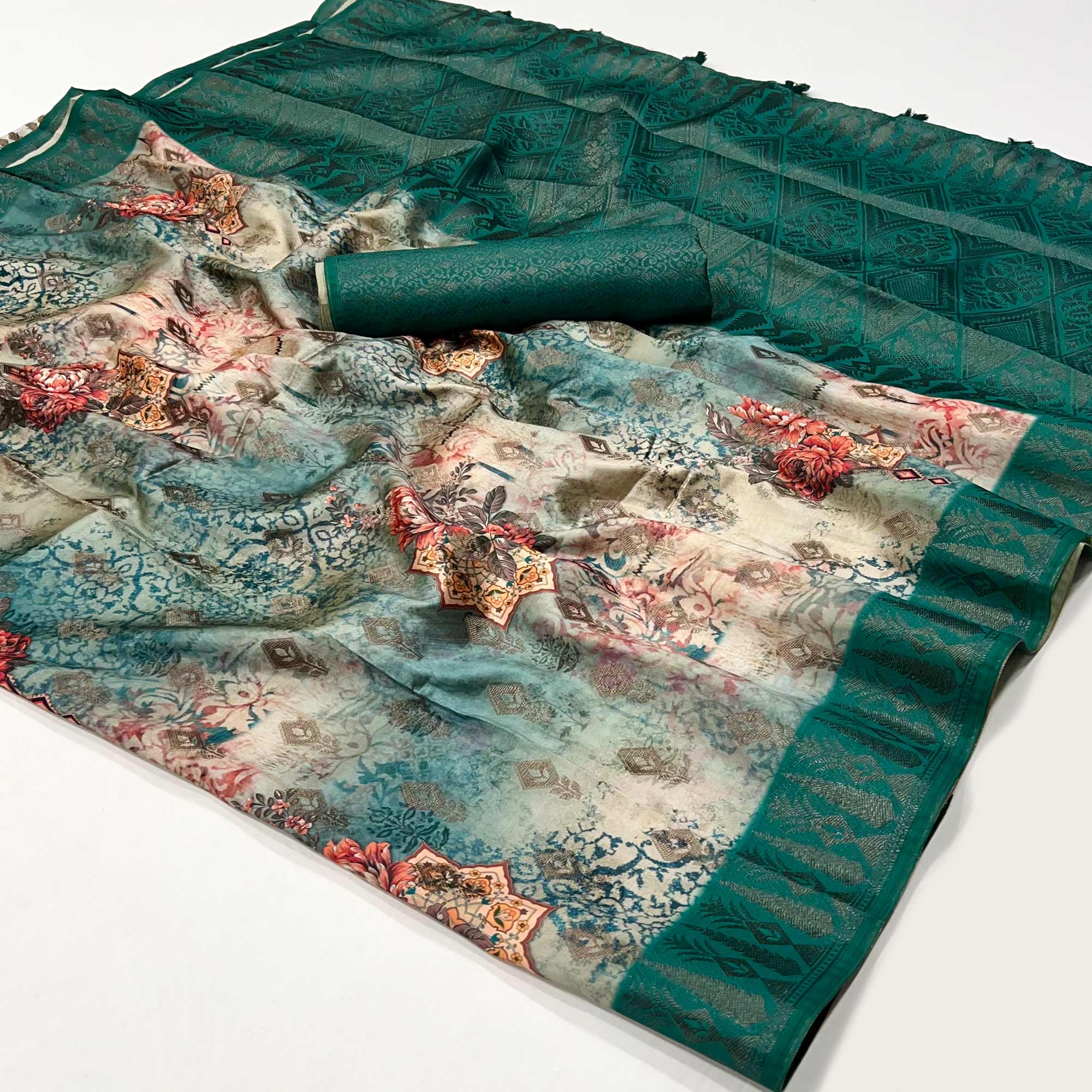 Teal Woven With Digital Printed Art Silk Saree