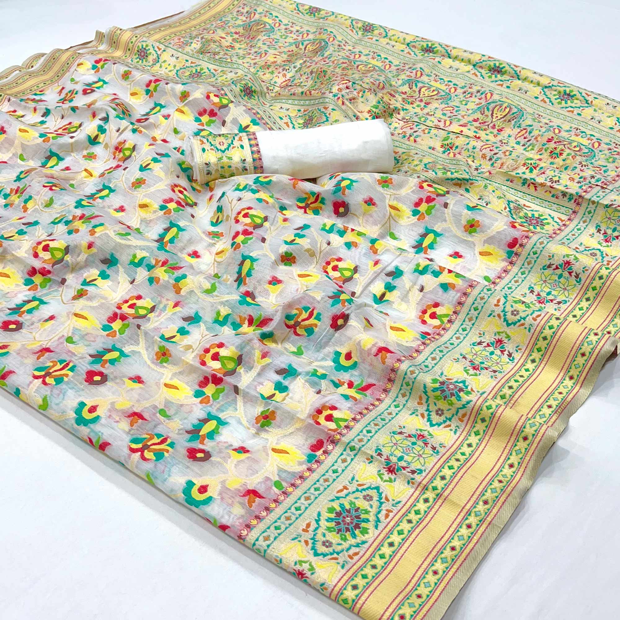 White Floral Woven Cotton Blend Saree