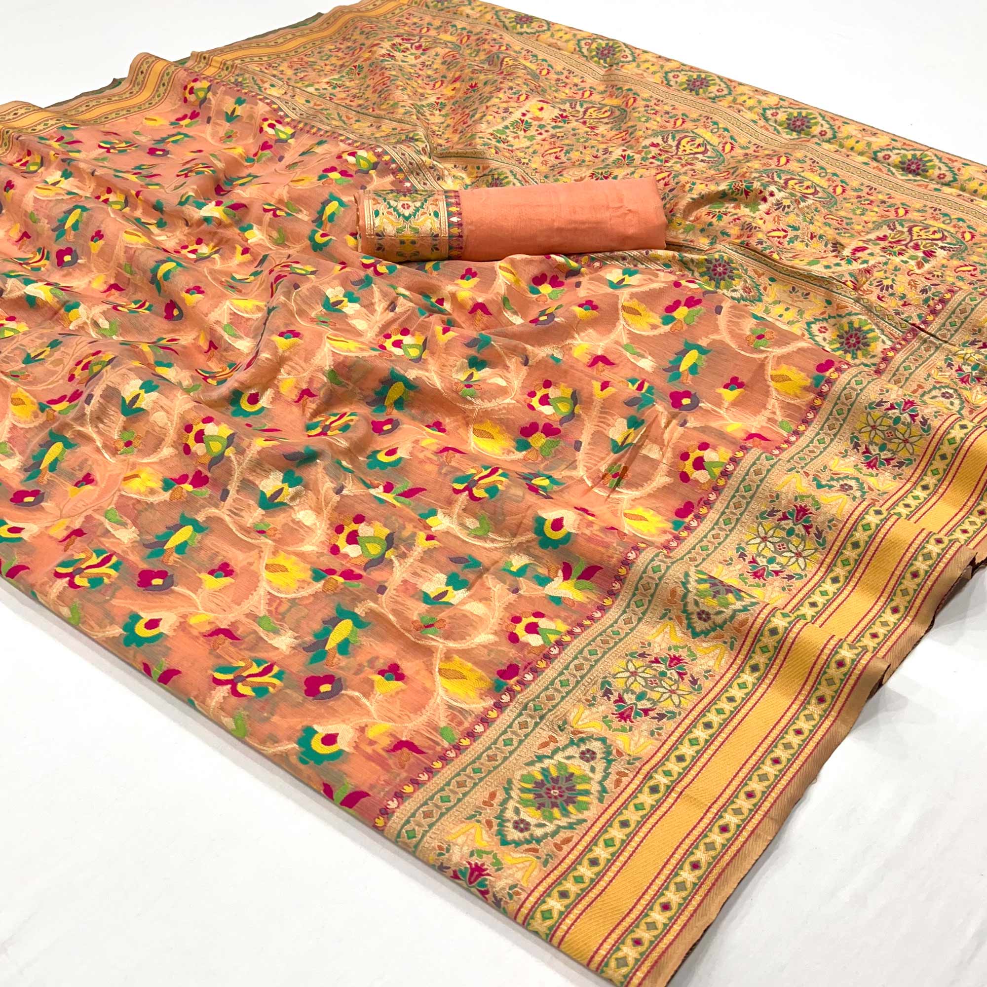 Peach Floral Woven Cotton Blend Saree