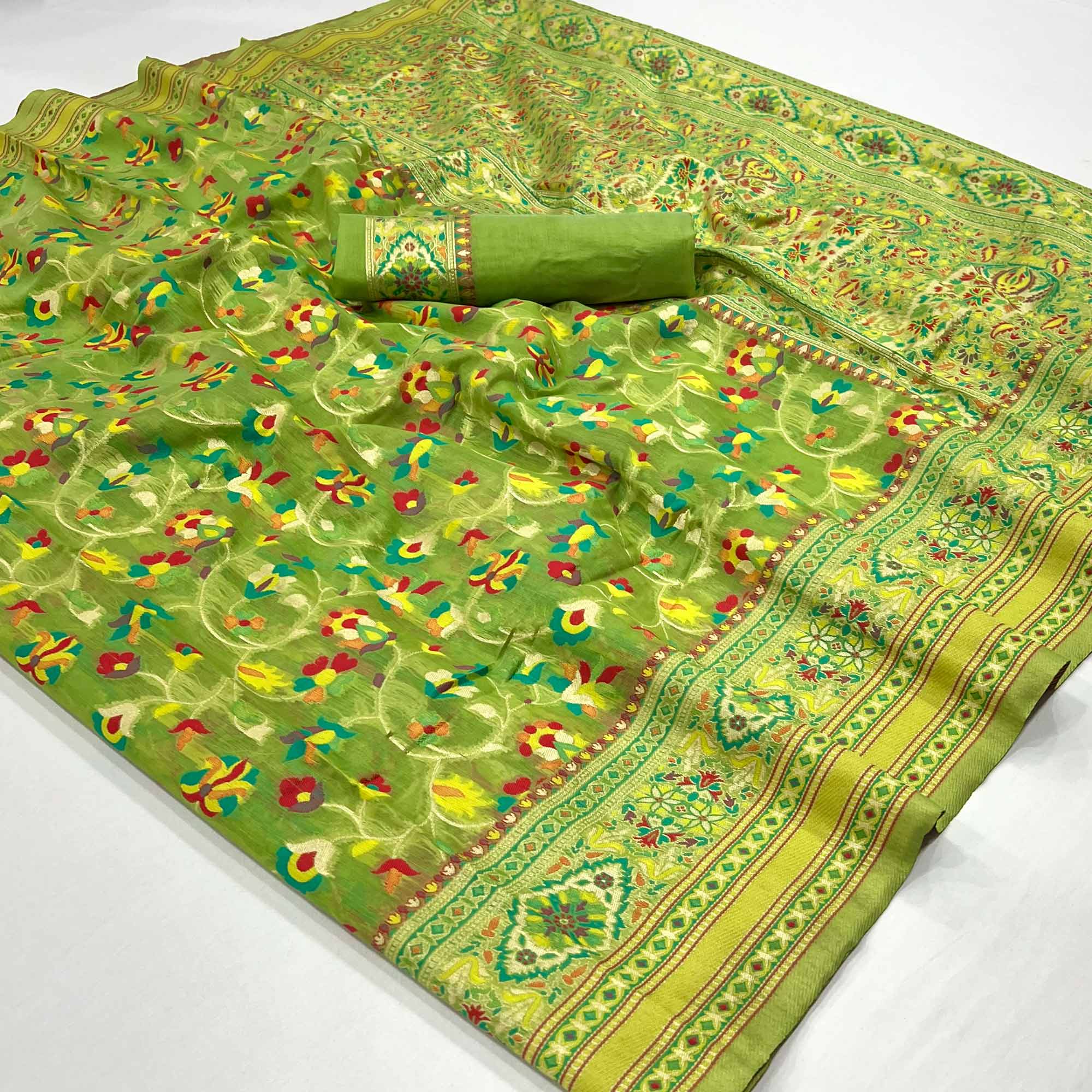Green Floral Woven Cotton Blend Saree