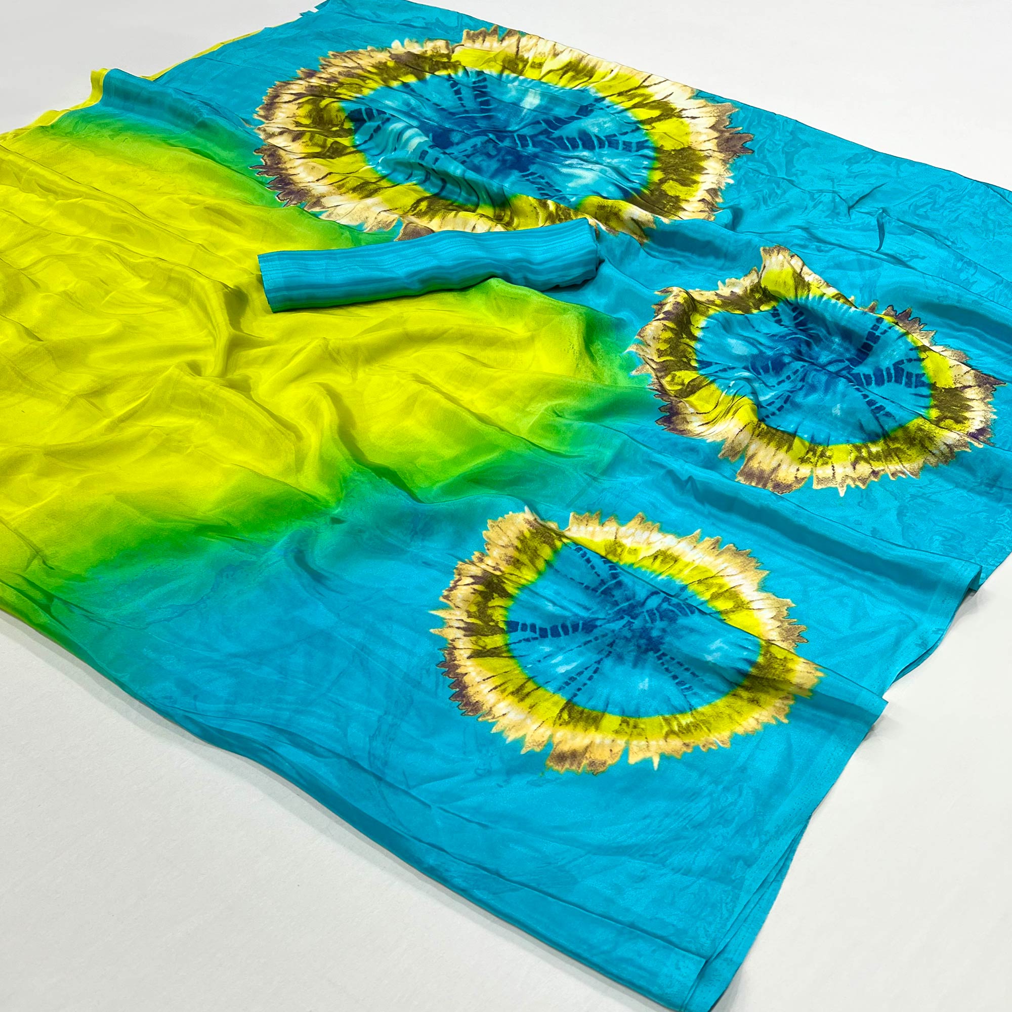 Green & Turquoise Printed Crepe Silk Saree