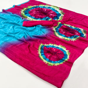 Blue & Pink Printed Crepe Silk Saree