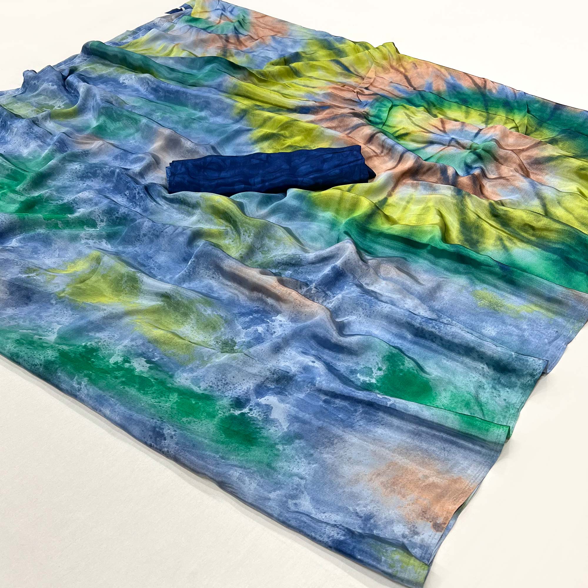 Blue Printed Crepe Silk Saree