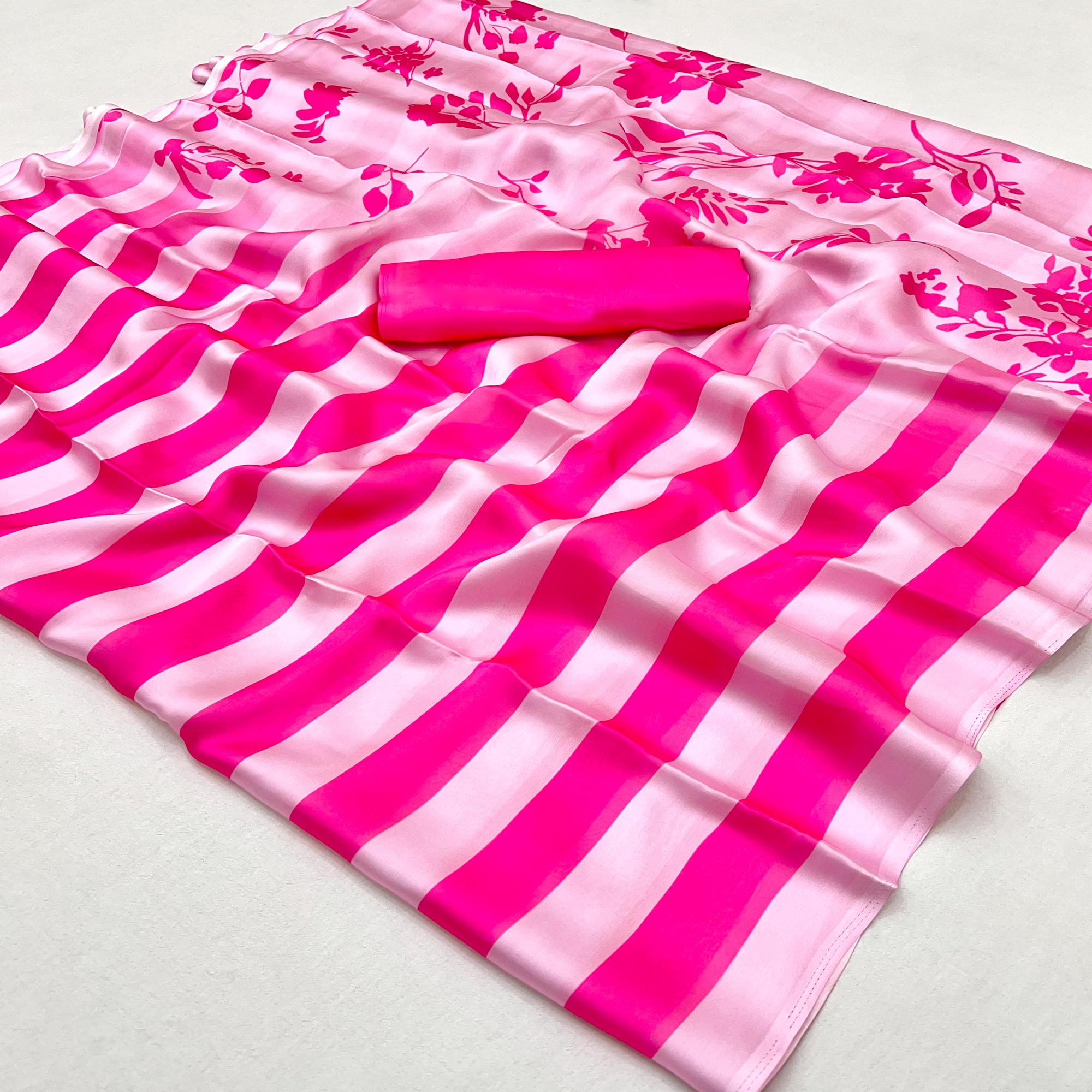 Pink Striped Digital Printed Georgette Saree