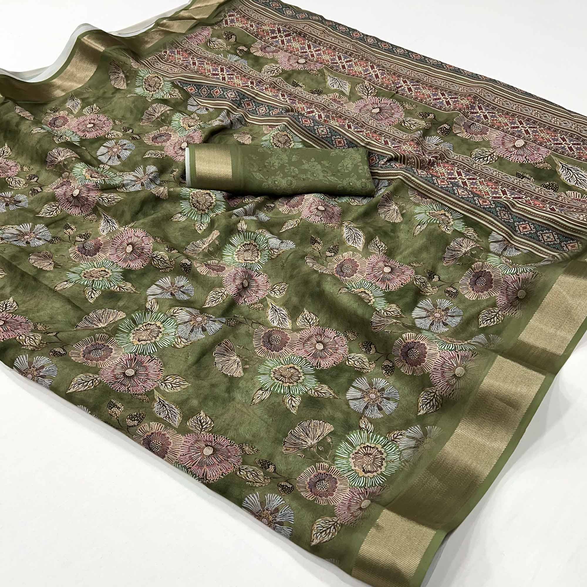 Green Floral Digital Printed Moss Georgette Saree With Zari Border