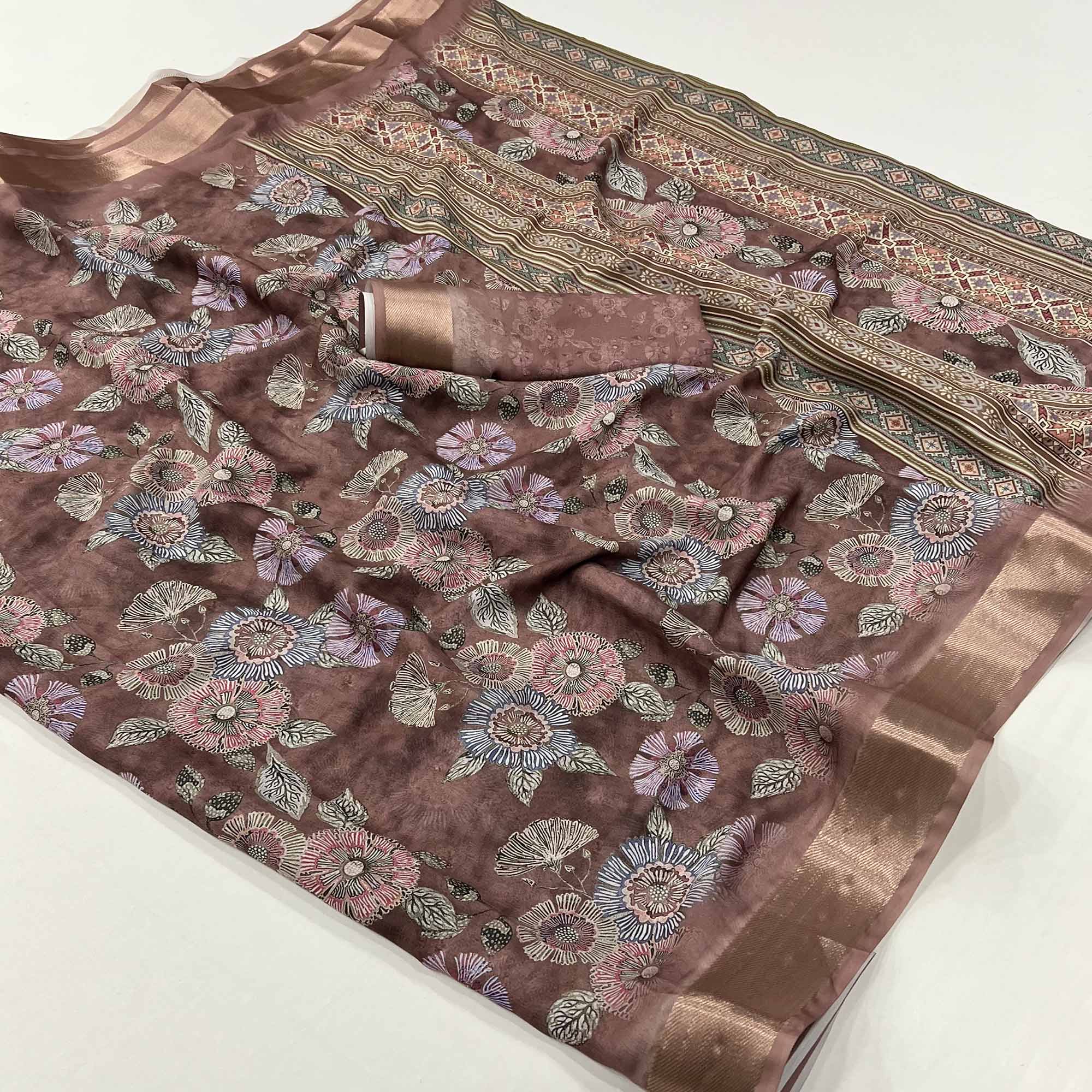 Brown Floral Digital Printed Moss Georgette Saree With Zari Border
