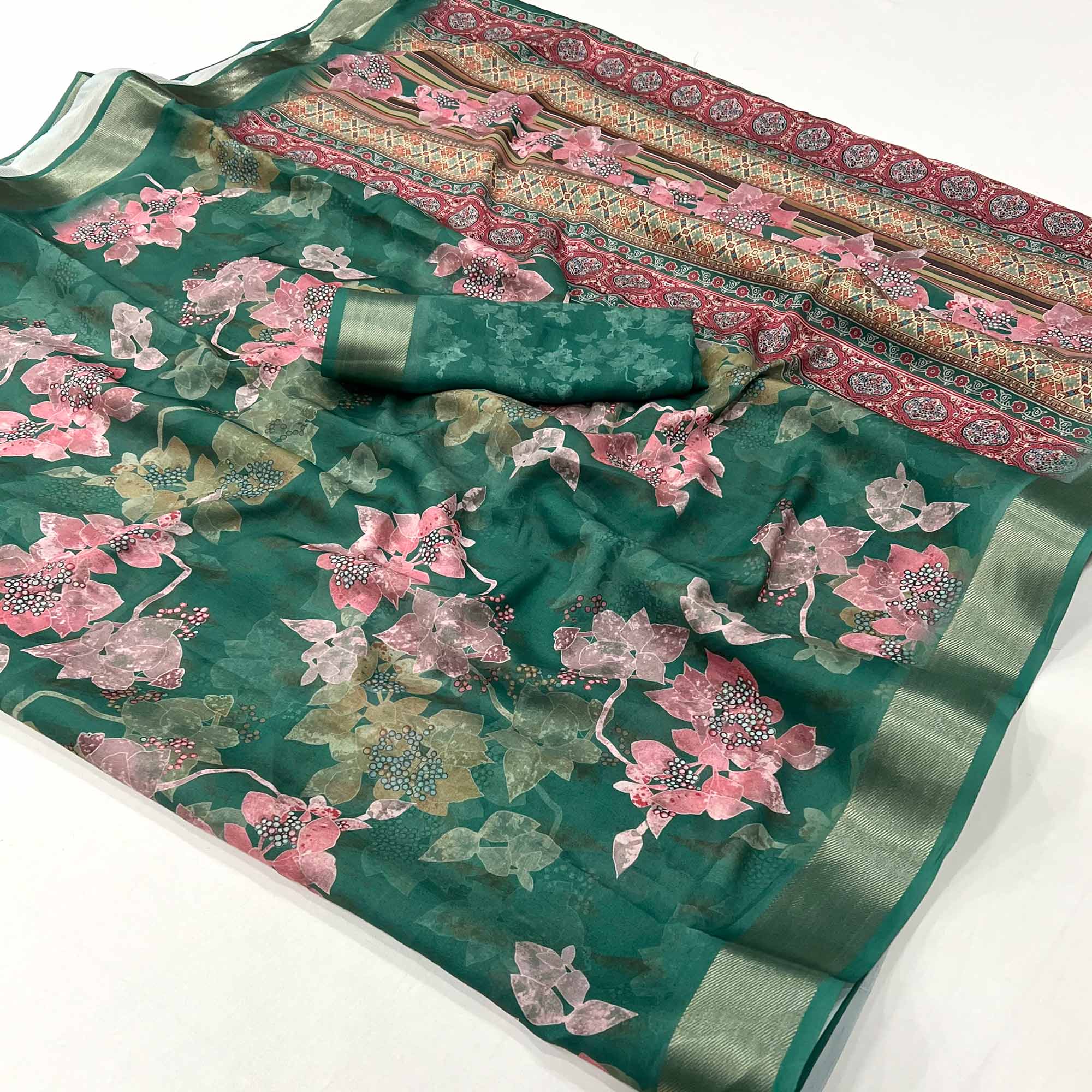 Rama Green Floral Digital Printed Moss Georgette Saree With Zari Border