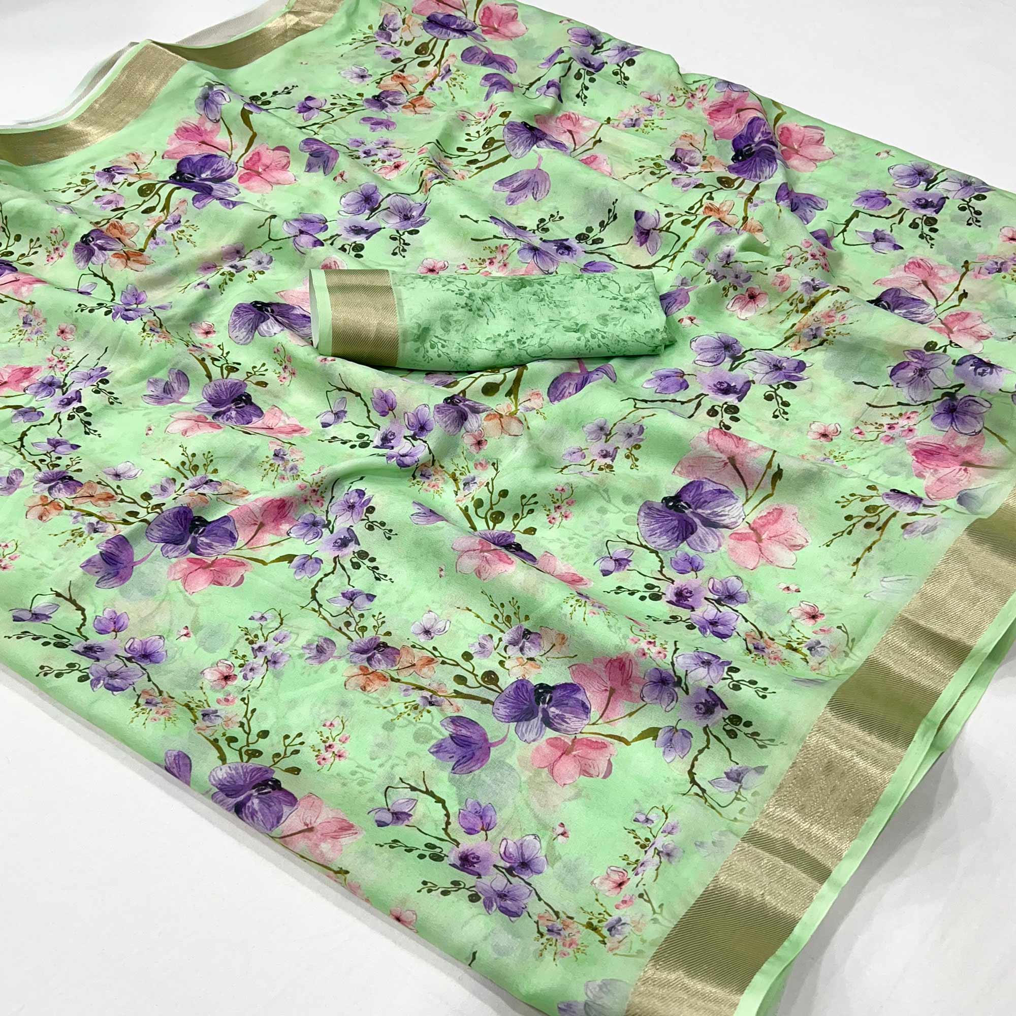Green Floral Digital Printed Moss Georgette Saree With Zari Border