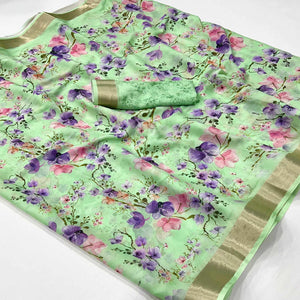 Green Floral Digital Printed Moss Georgette Saree With Zari Border