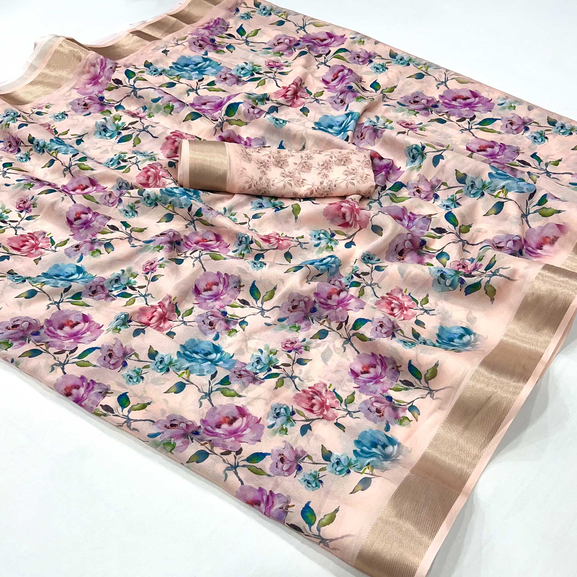 Peach Floral Digital Printed Moss Georgette Saree With Zari Border