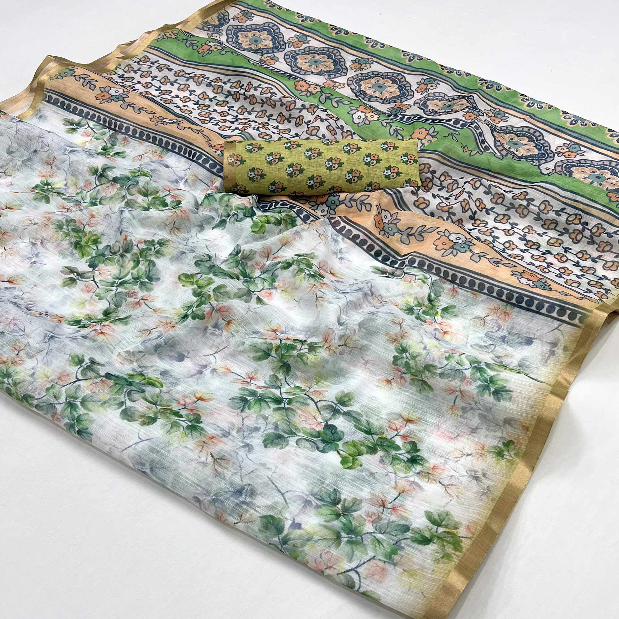White & Green Floral Digital Printed Linen Saree With Zari Border