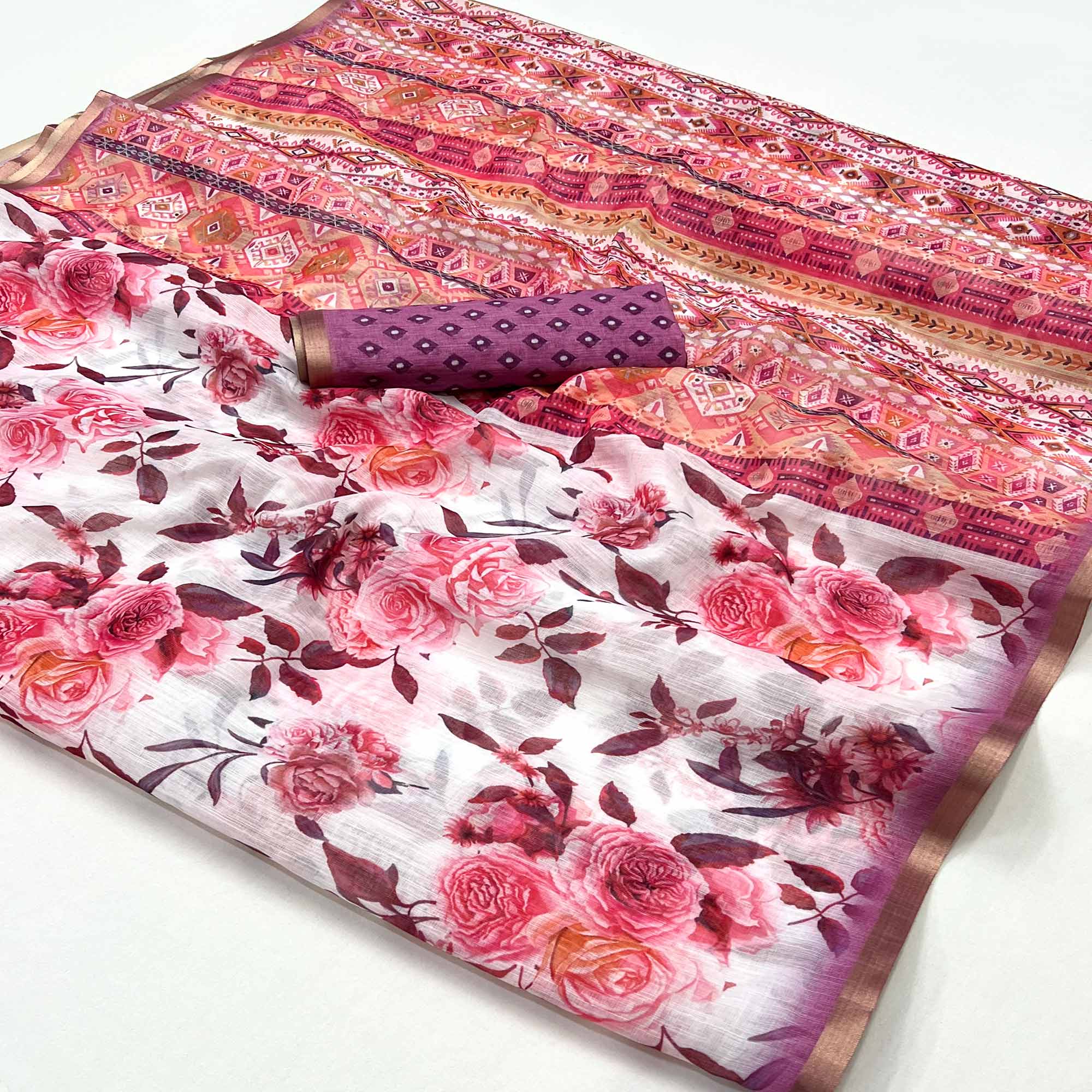 White & Pink Floral Digital Printed Linen Saree With Zari Border