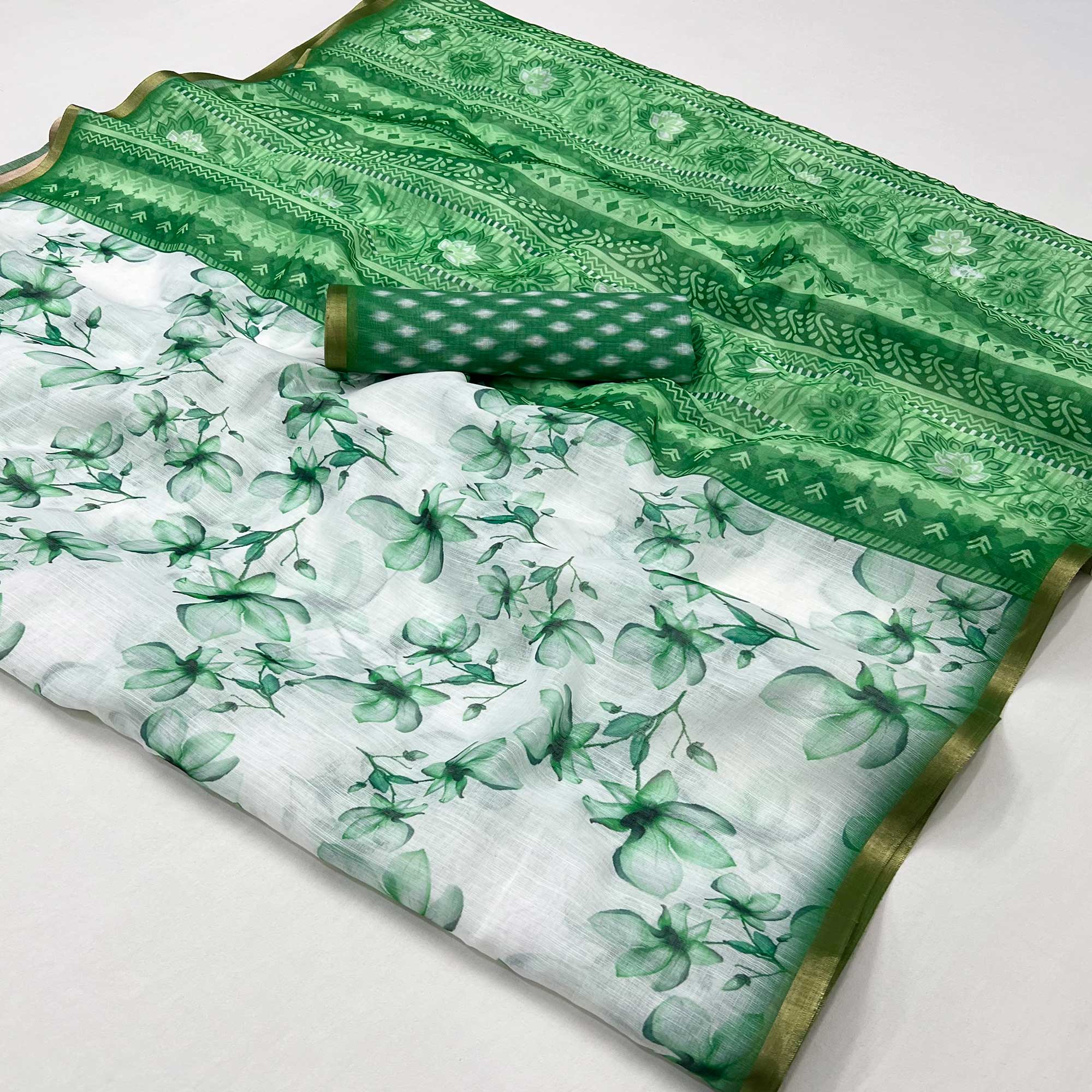 White & Green Floral Digital Printed Linen Saree With Zari Border