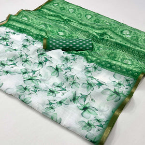 White & Green Floral Digital Printed Linen Saree With Zari Border