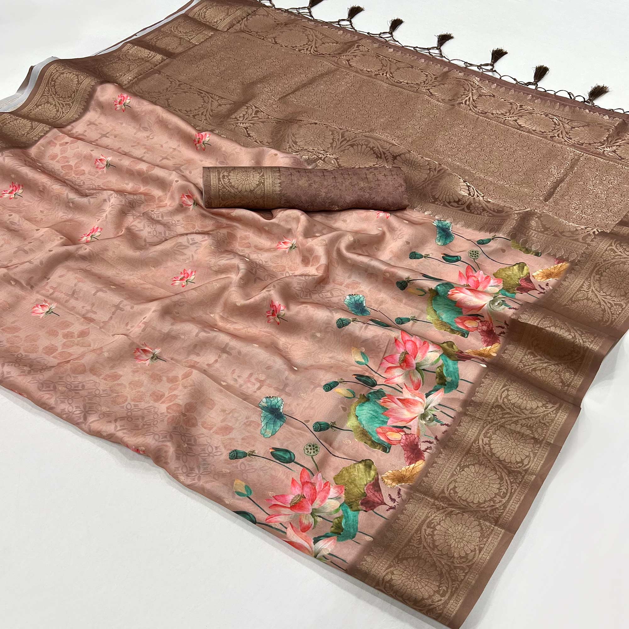 Peach Floral Woven With Digital Printed Satin Saree