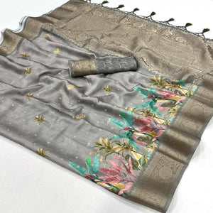 Grey Floral Woven With Digital Printed Satin Saree