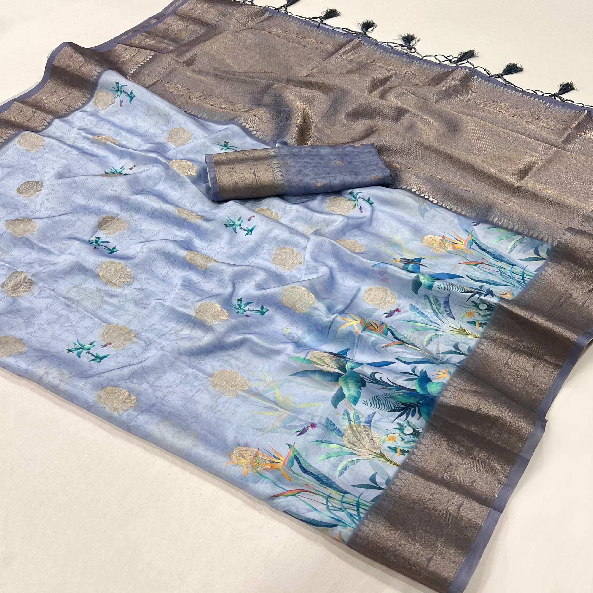 Light Lavender Floral Woven With Digital Printed Satin Saree