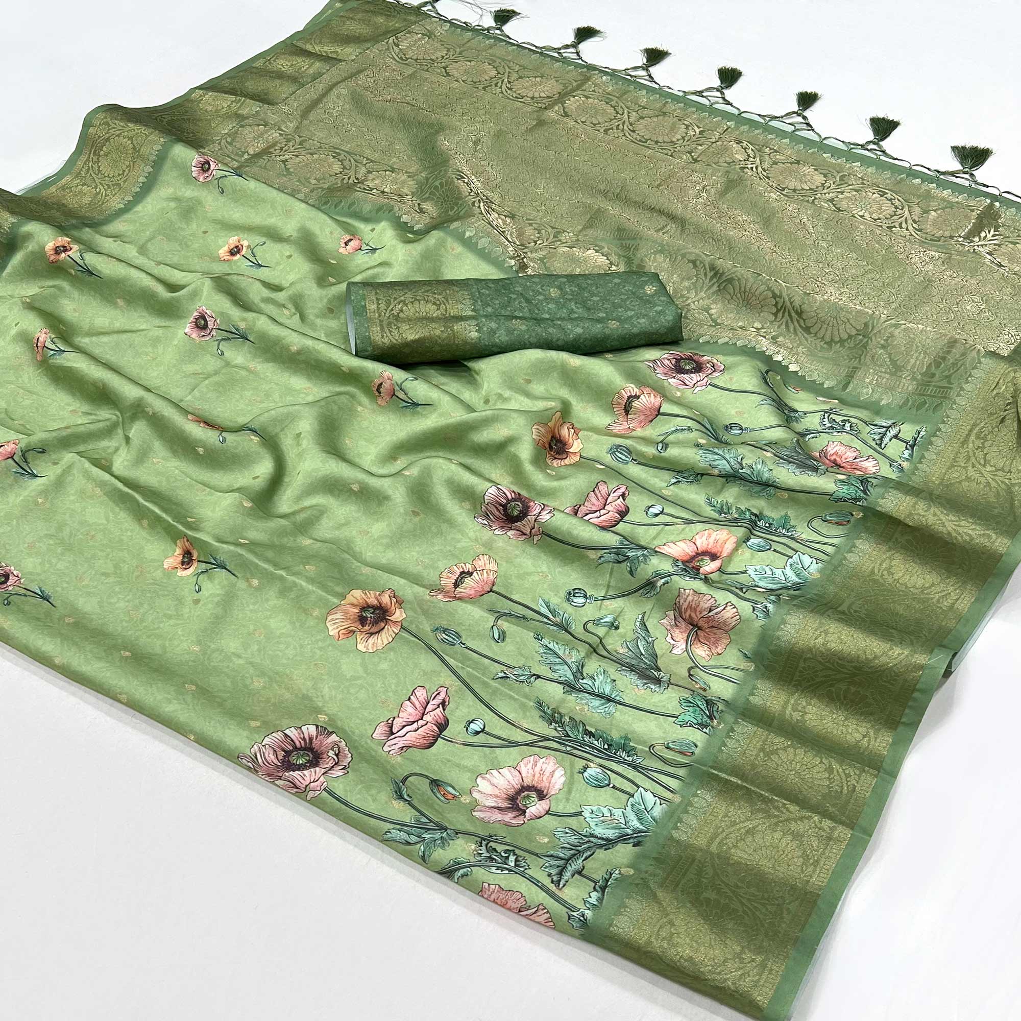 Green Floral Woven With Digital Printed Satin Saree