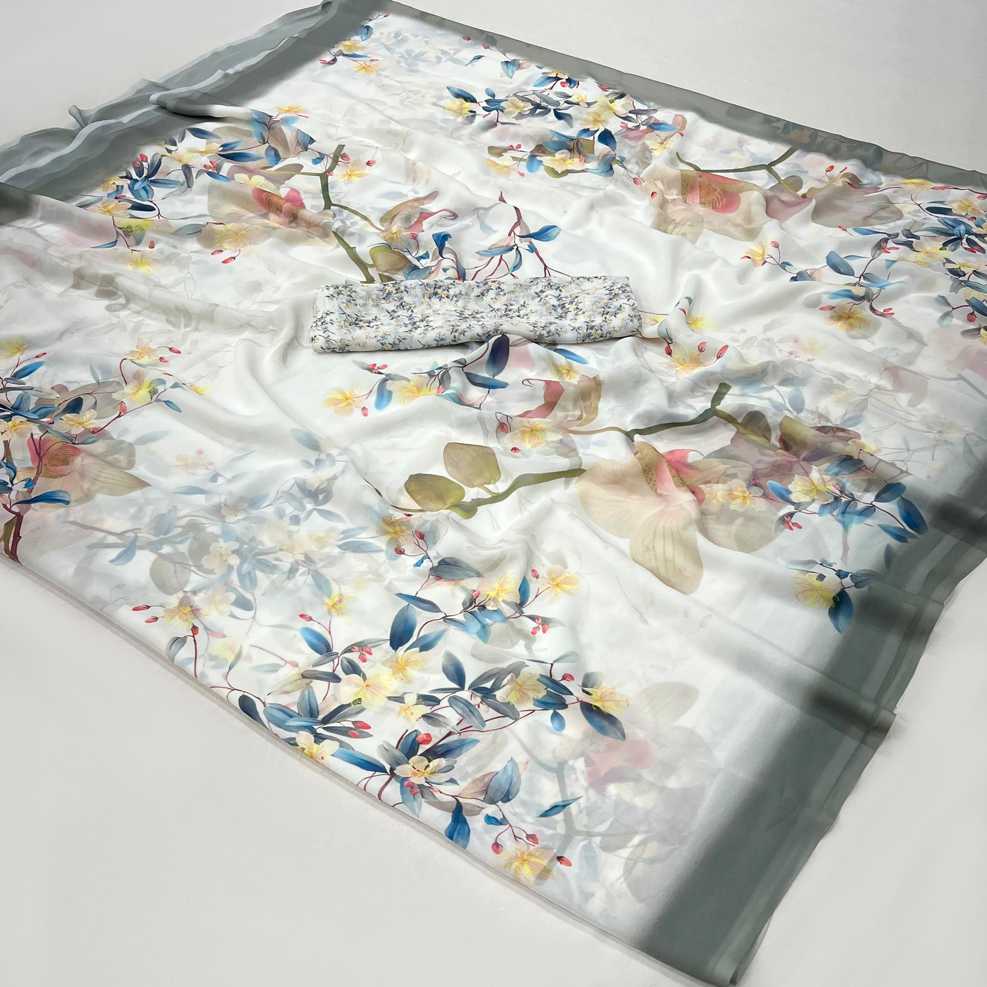 White Floral Digital Printed Georgette Saree