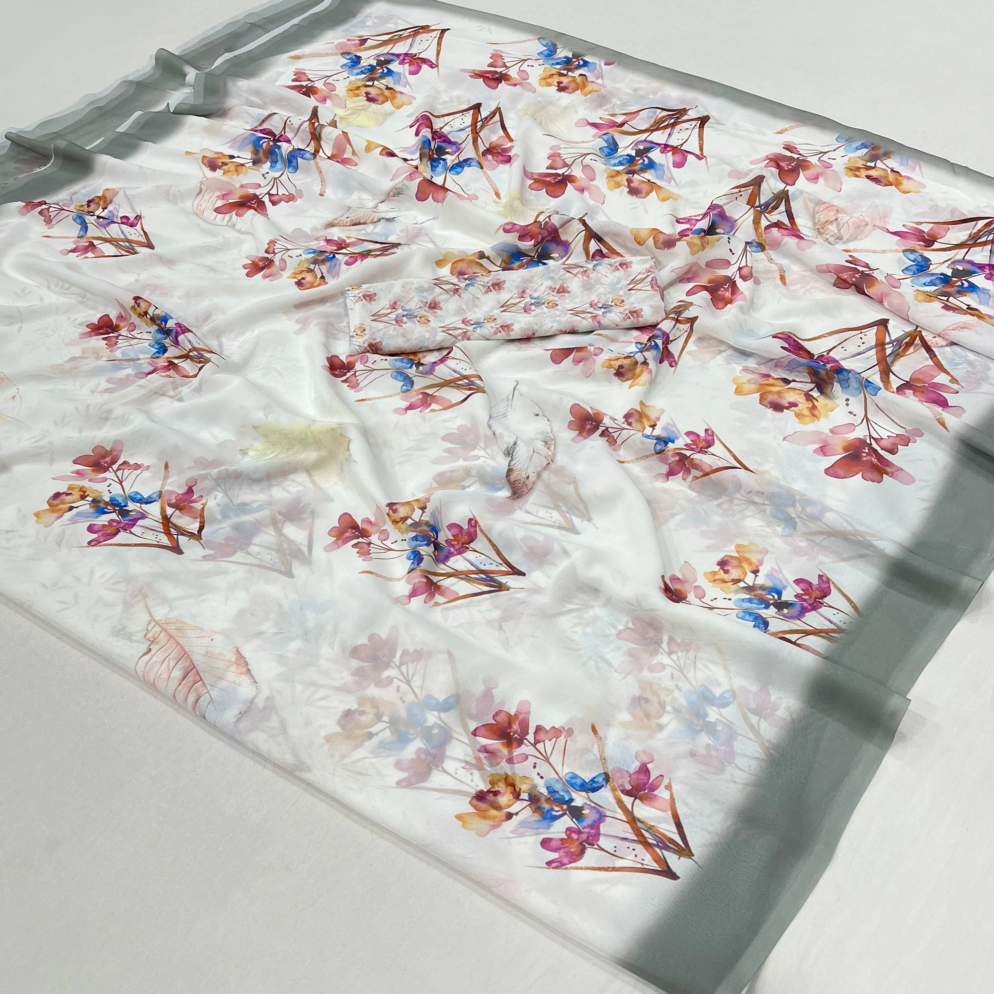 White Floral Digital Printed Georgette Saree