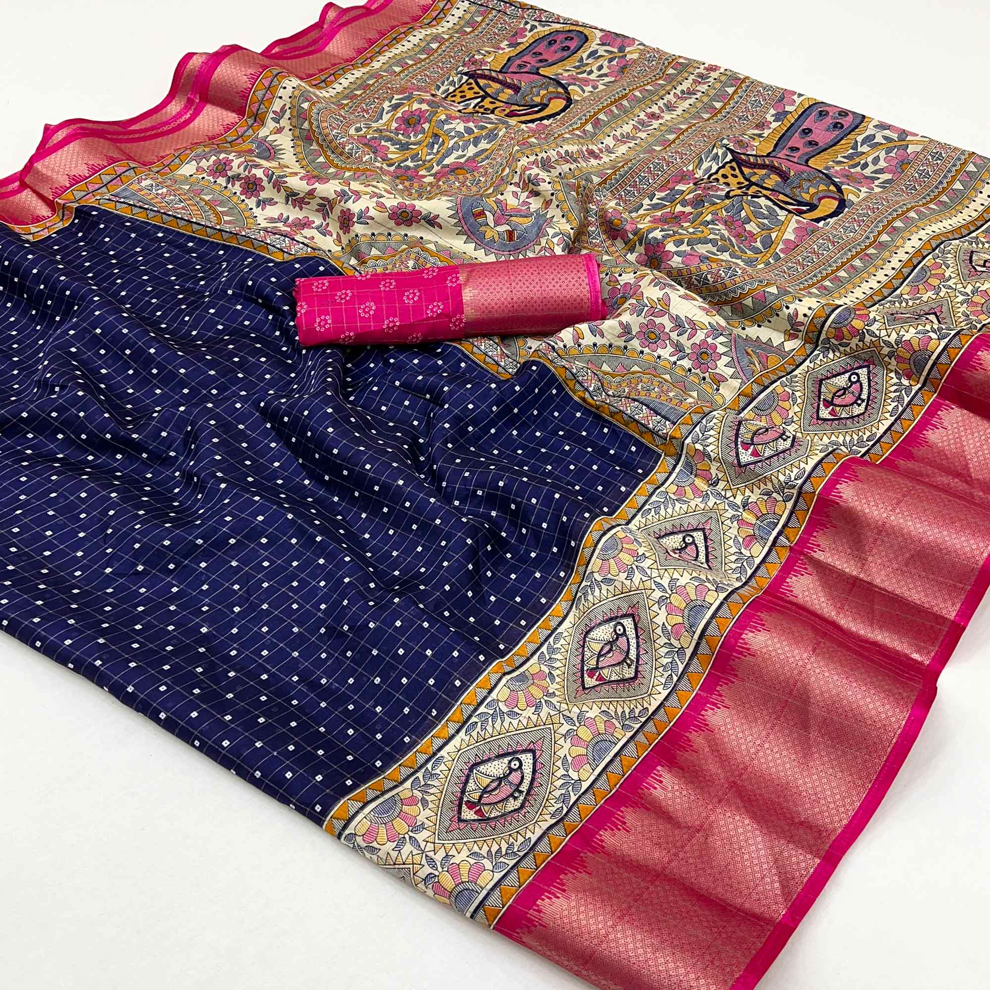 Navy Blue Checkes Zari Woven With Floral Printed Dola Silk Saree