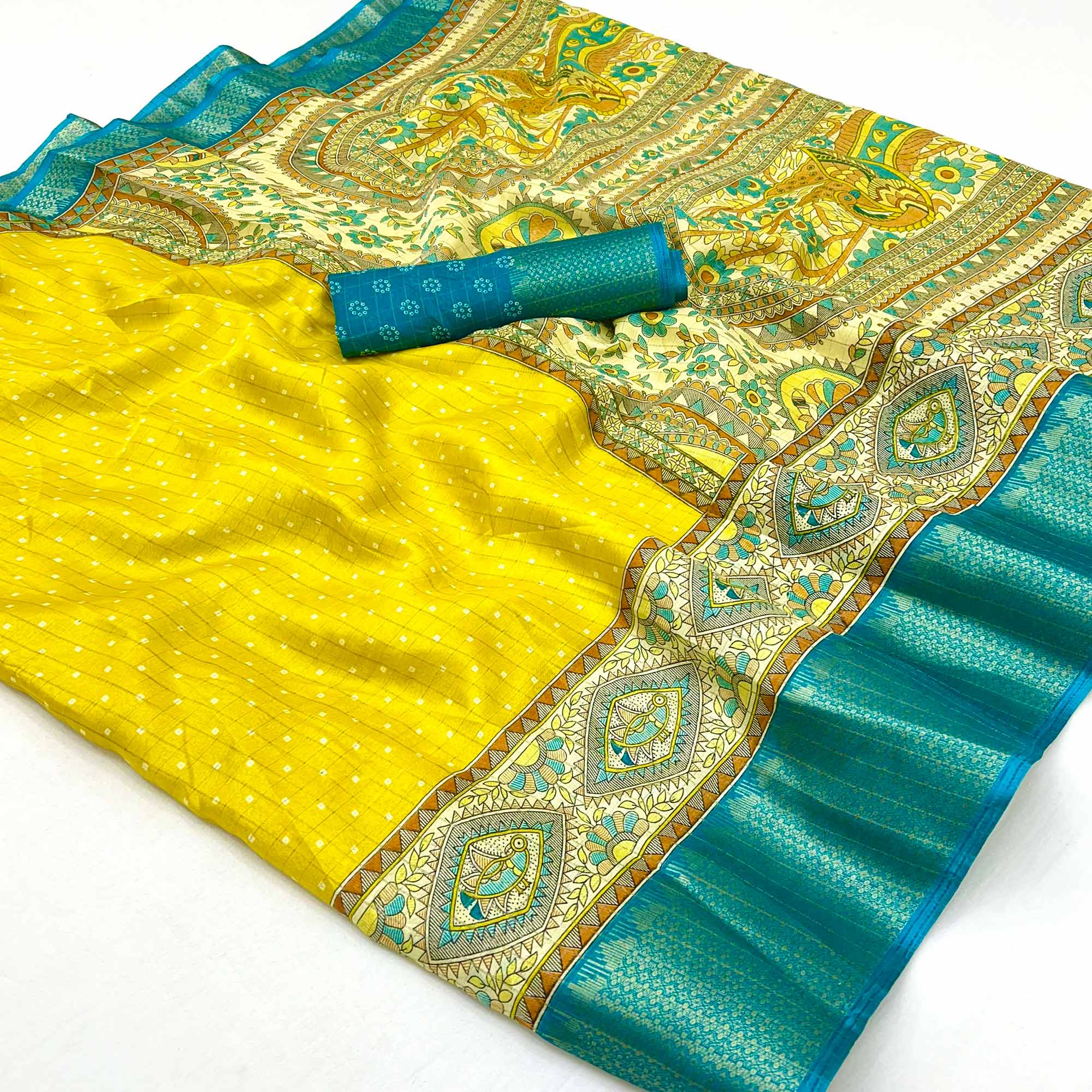 Yellow Checkes Zari Woven With Floral Printed Dola Silk Saree