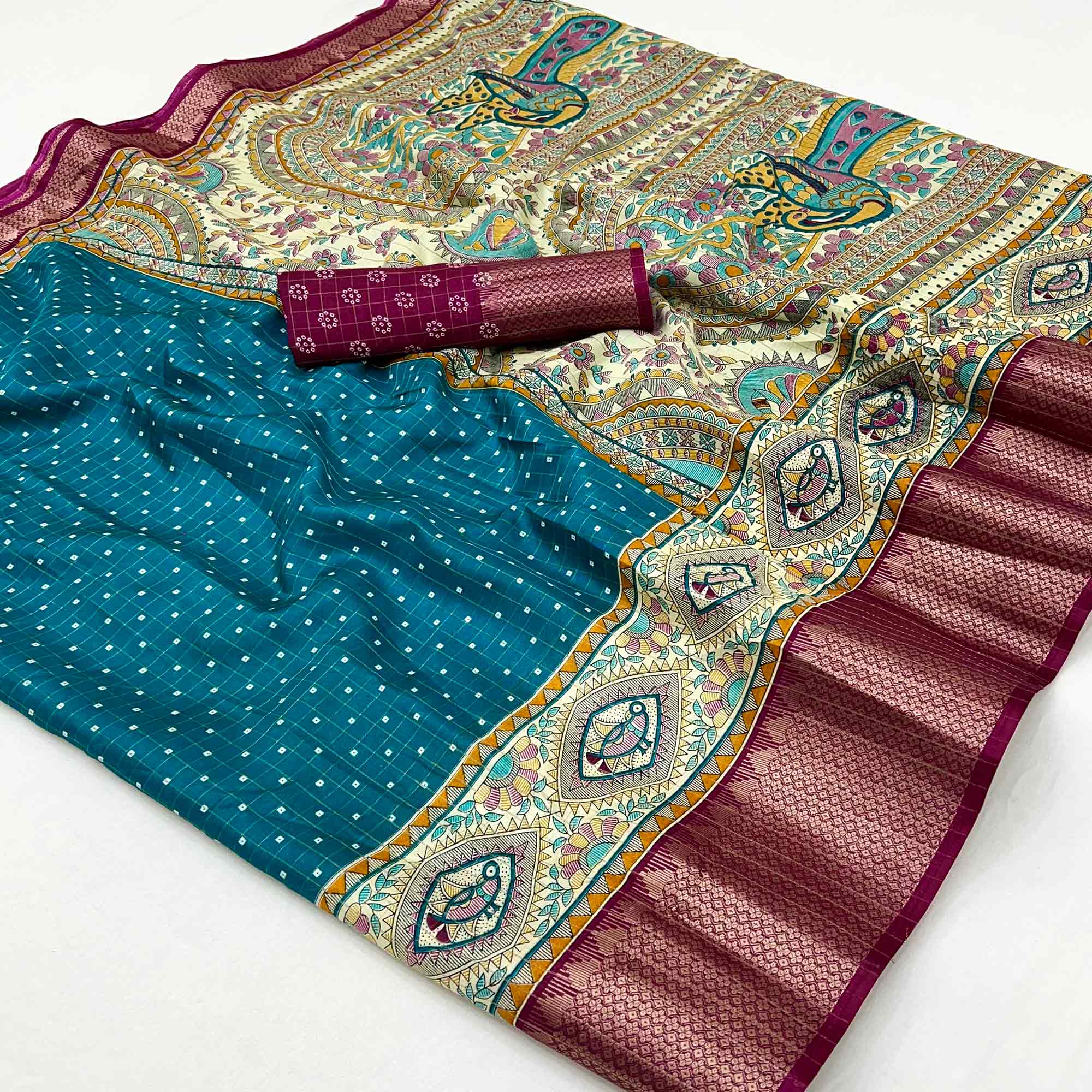 Teal Checkes Zari Woven With Floral Printed Dola Silk Saree