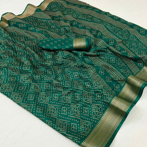 Dark Green Printed Dola Silk Saree With Jacquard Border