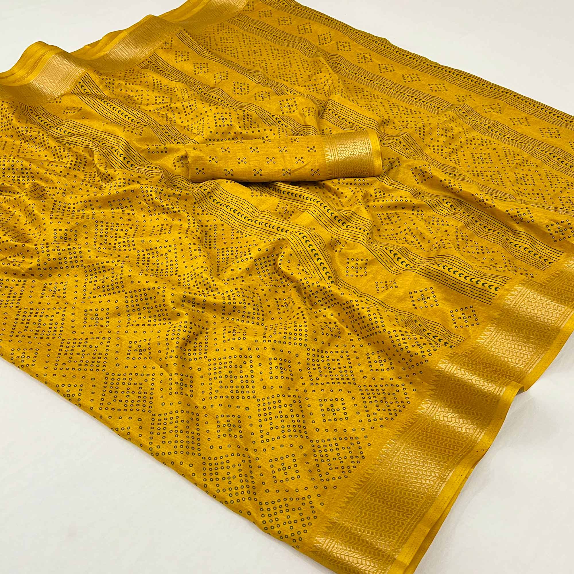 Mustard Printed Dola Silk Saree With Jacquard Border