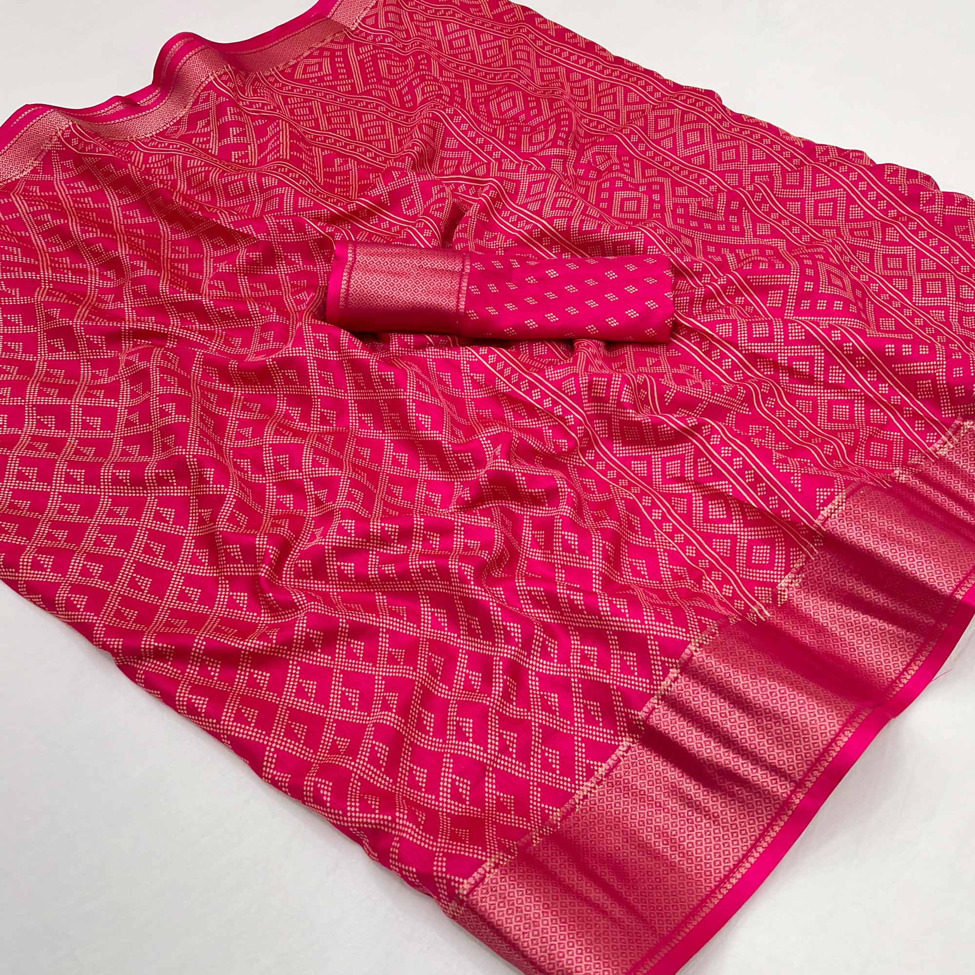 Rani Pink Printed Dola Silk Saree With Jacquard Border