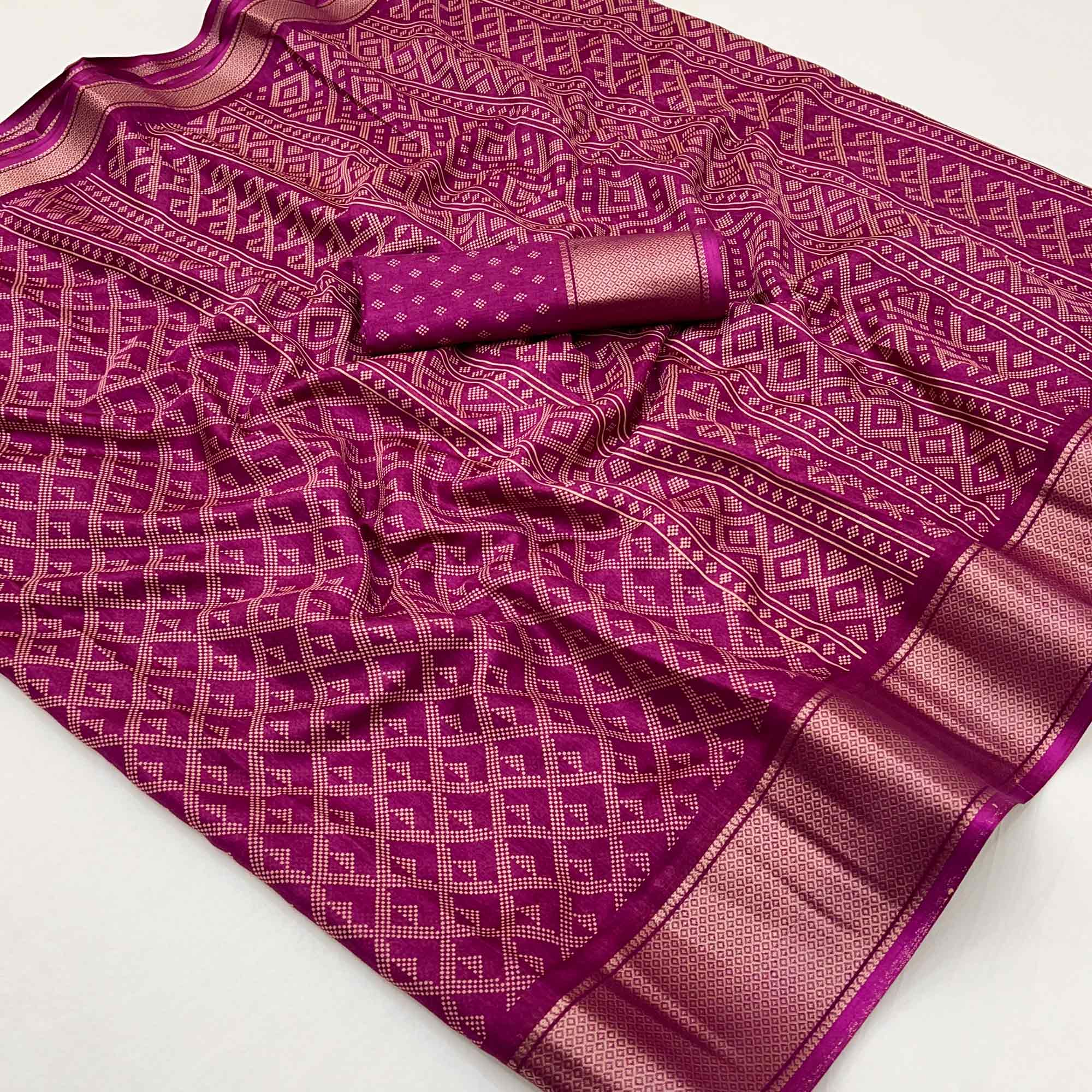 Wine Printed Dola Silk Saree With Jacquard Border