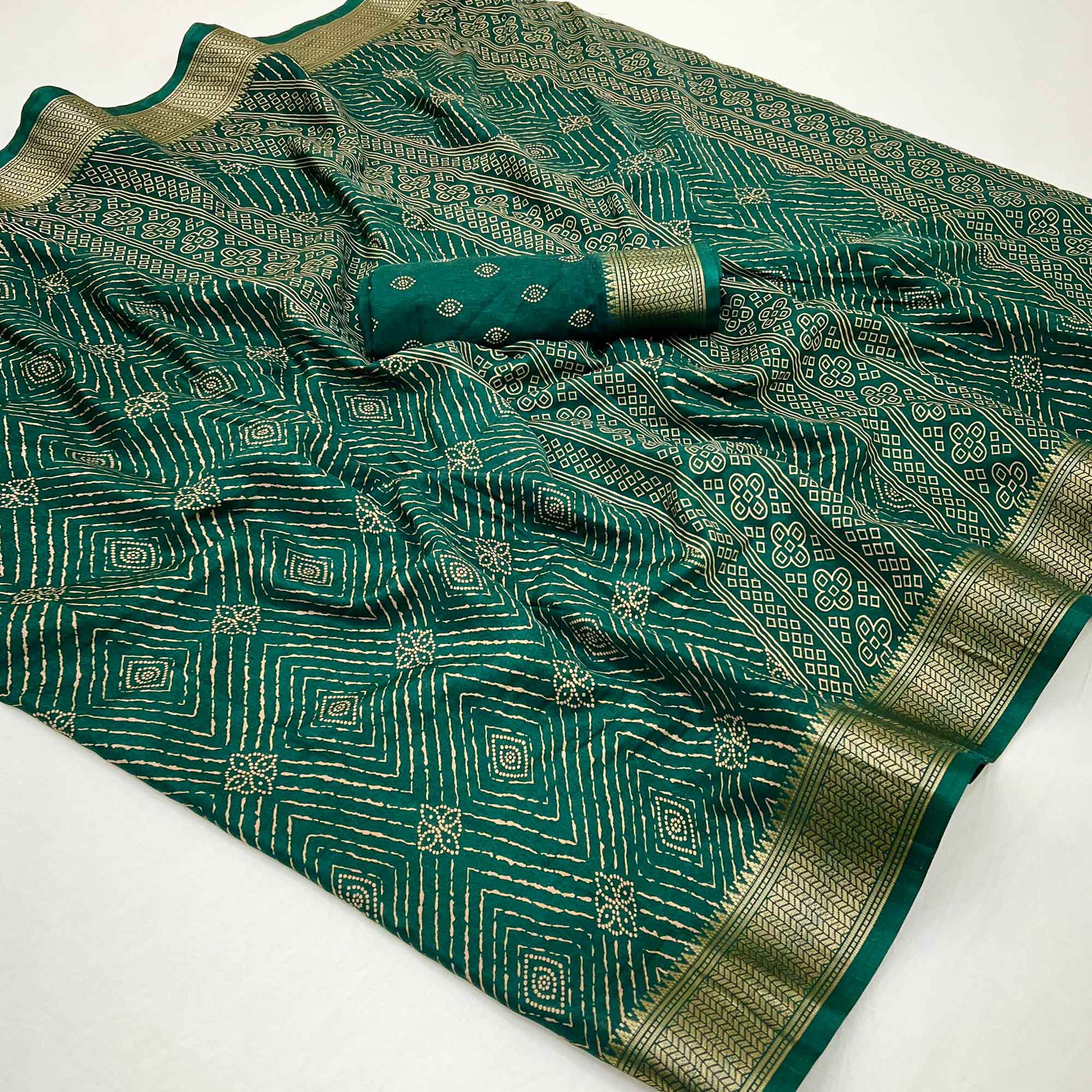 Green Geometric Printed Dola Silk Saree With Jacquard Border