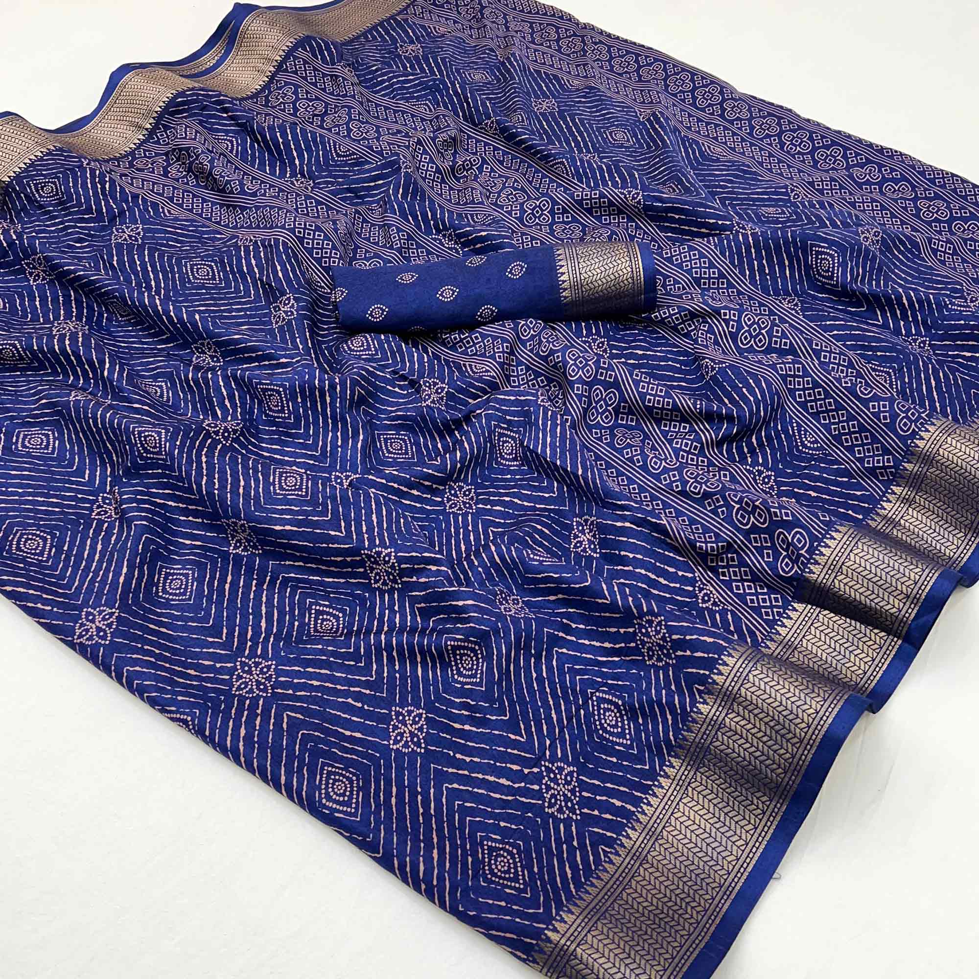 Navy Blue Geometric Printed Dola Silk Saree With Jacquard Border