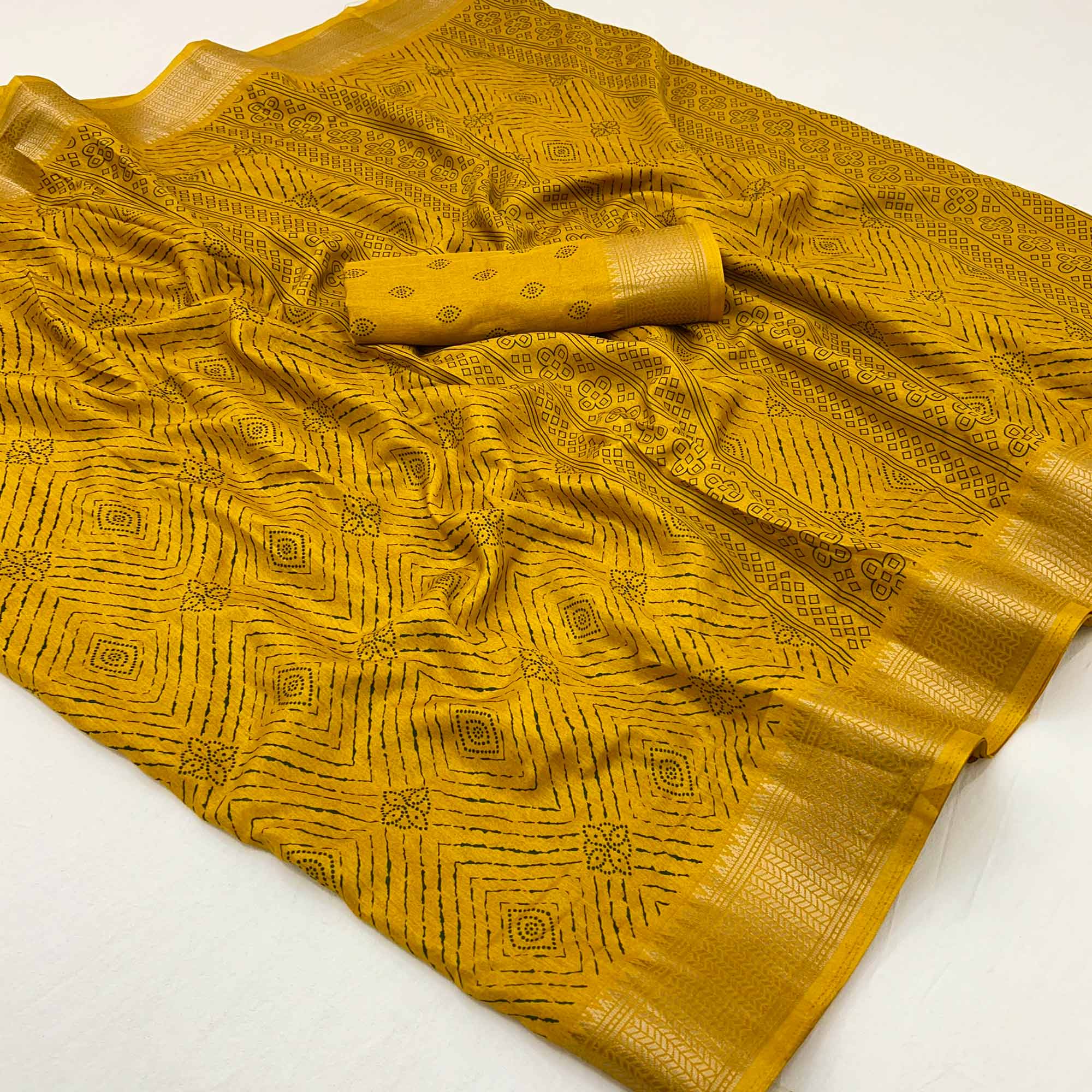 Mustard Geometric Printed Dola Silk Saree With Jacquard Border