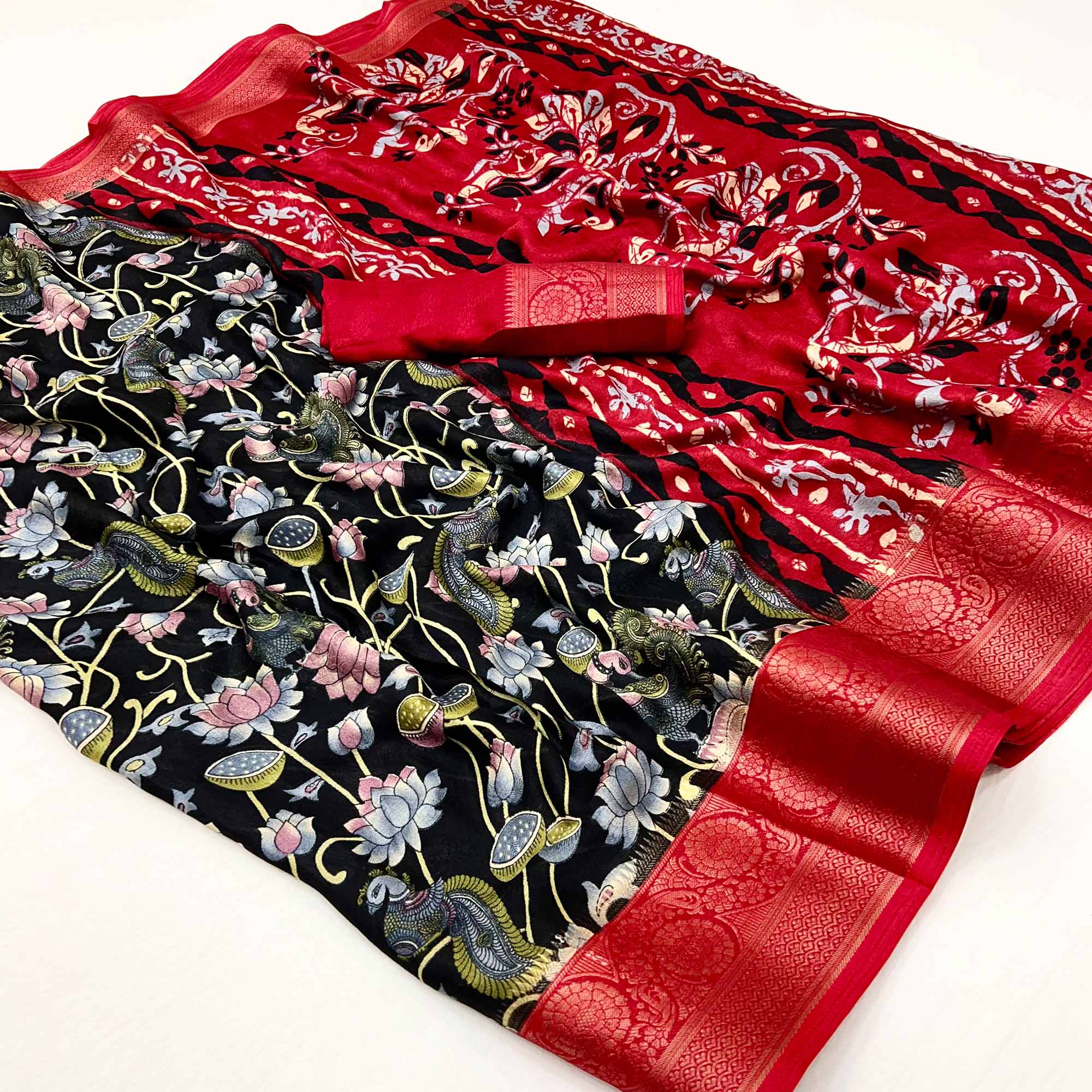 Black Kalamkari Printed Georgette Saree With Jacquard Border