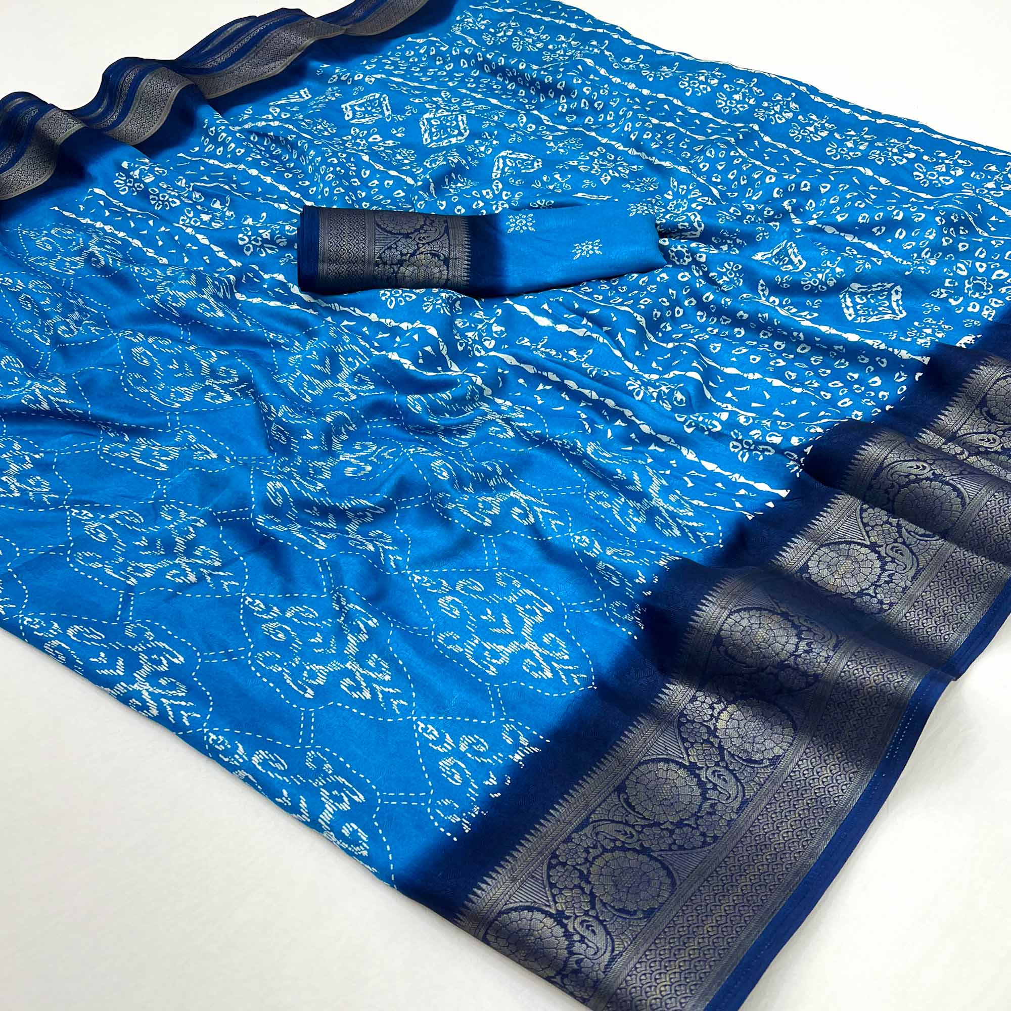Blue Digital Printed Georgette Saree With Jacquard Border