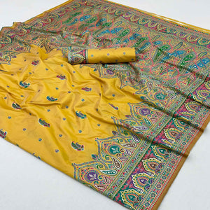 Mustard Floral Woven Pure Silk Pashmina Saree