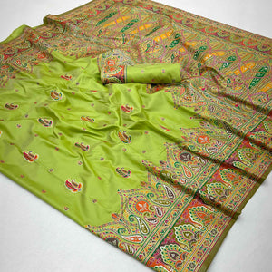 Green Floral Woven Pure Silk Pashmina Saree