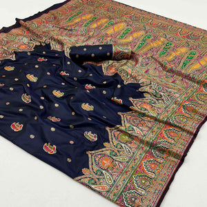 Navy Blue Floral Woven Pure Silk Pashmina Saree