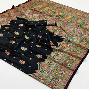 Black Floral Woven Pure Silk Pashmina Saree